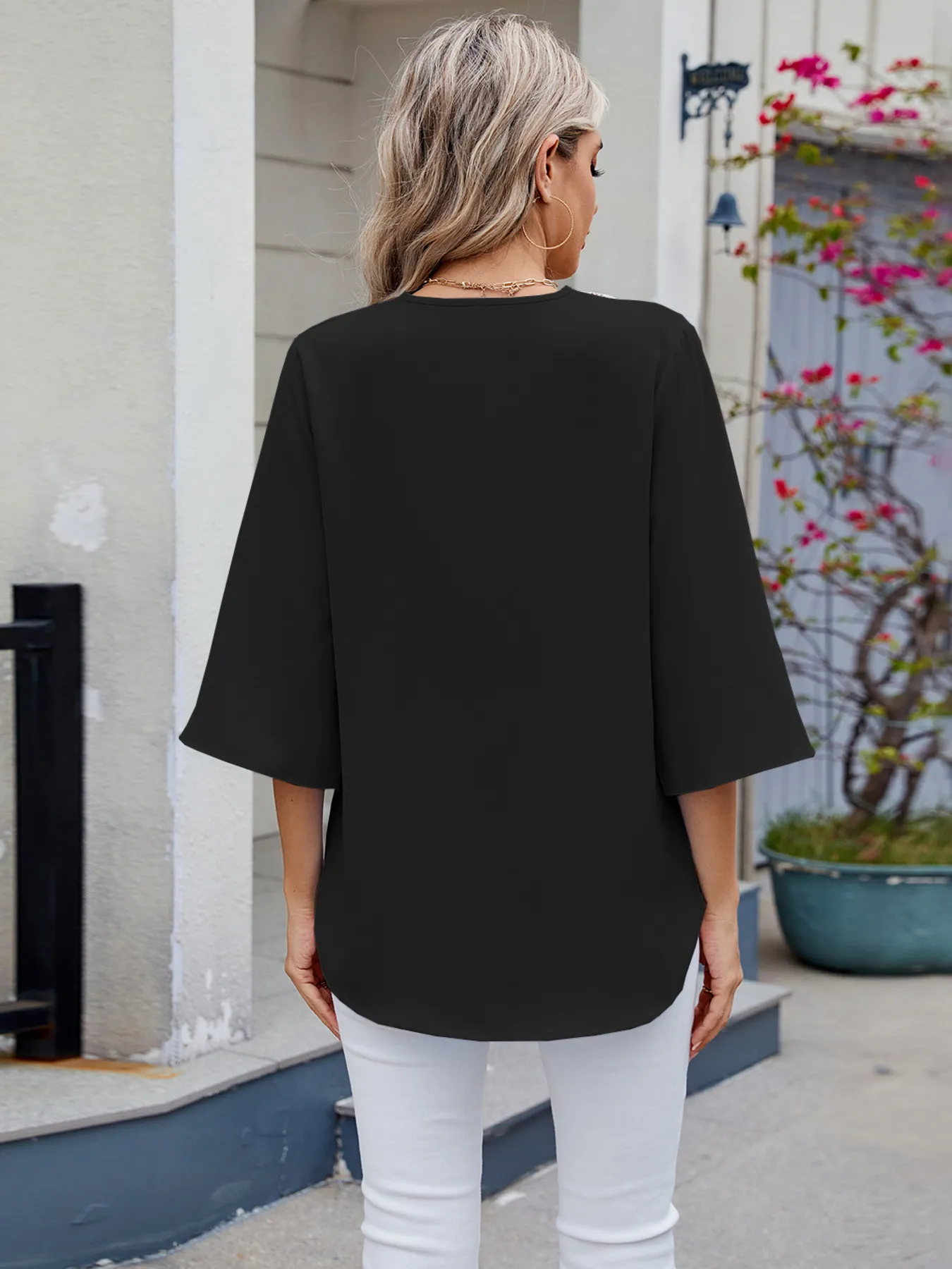 V-Neck Lace Trim Blouse - Image 6