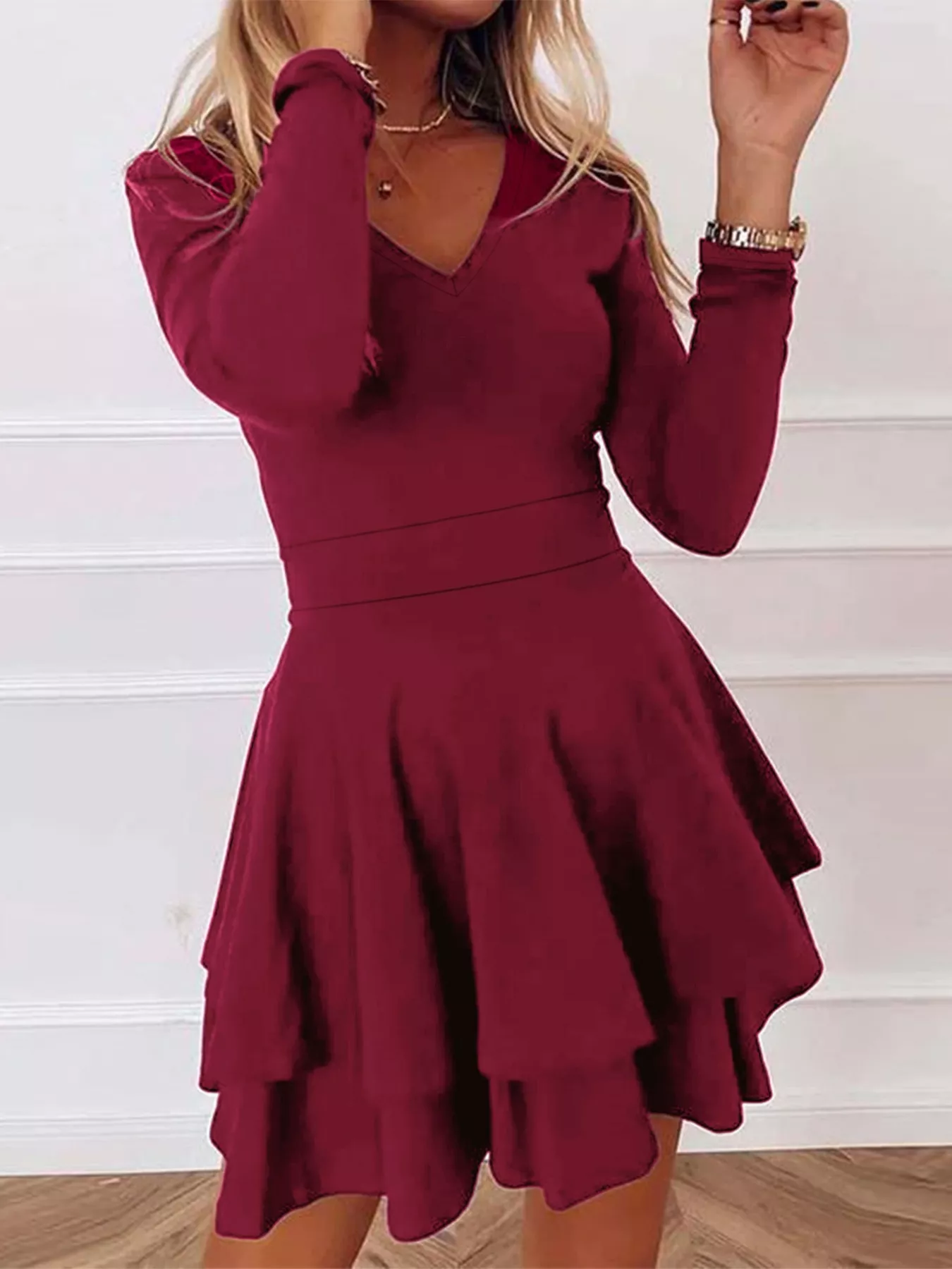 V-Neck Layered Ruffle Mini Dress - Image 19