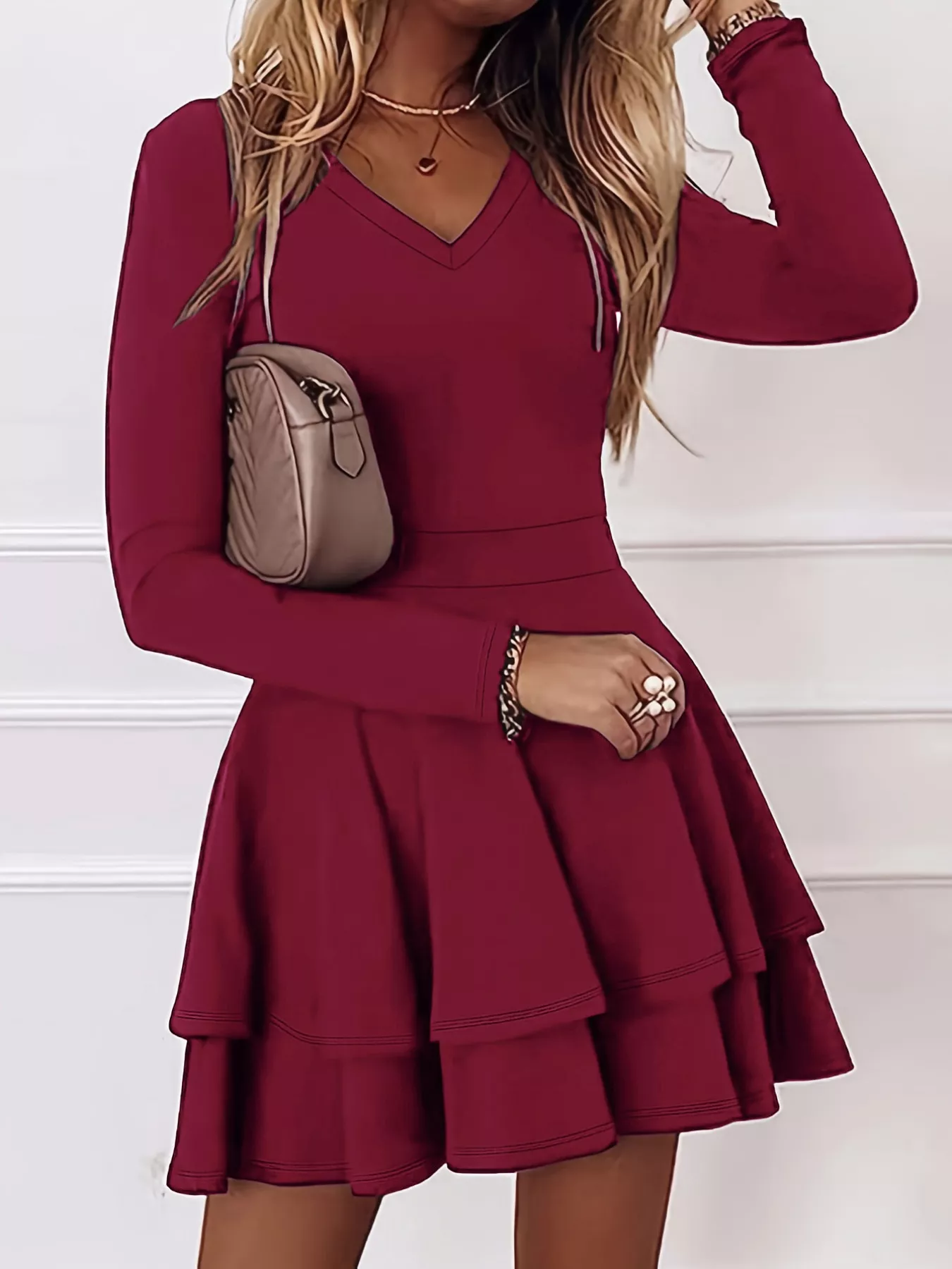 V-Neck Layered Ruffle Mini Dress - Image 21