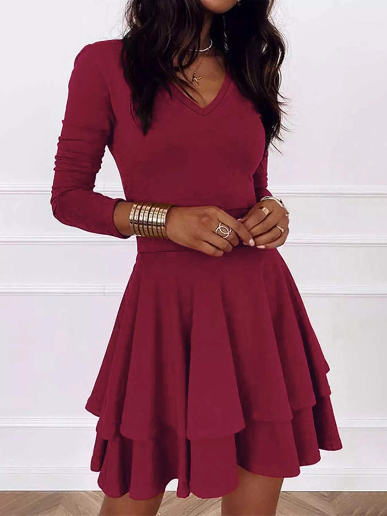 V-Neck Layered Ruffle Mini Dress - Image 22