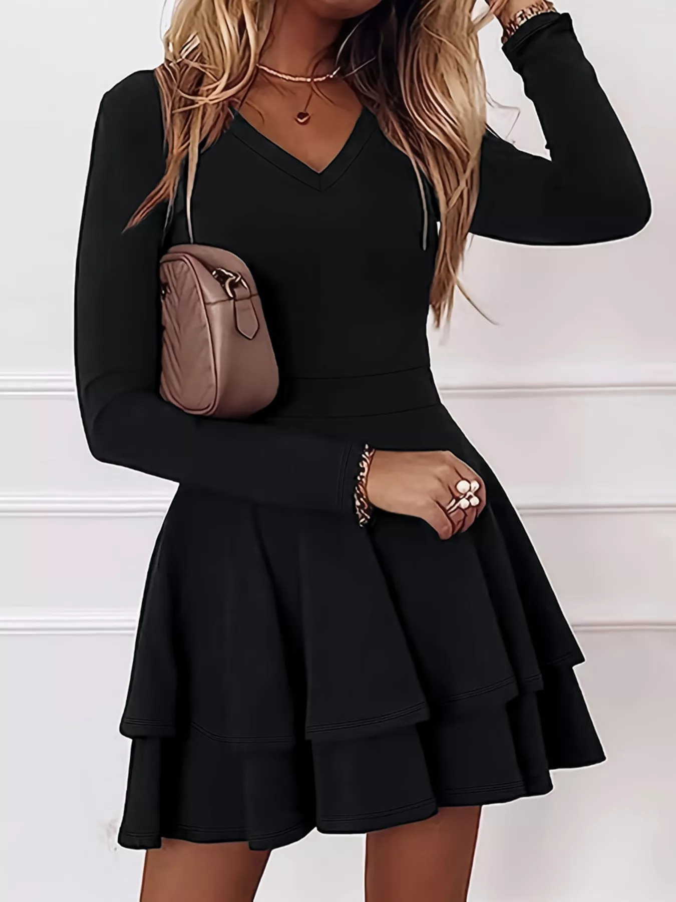 V-Neck Layered Ruffle Mini Dress - Image 27