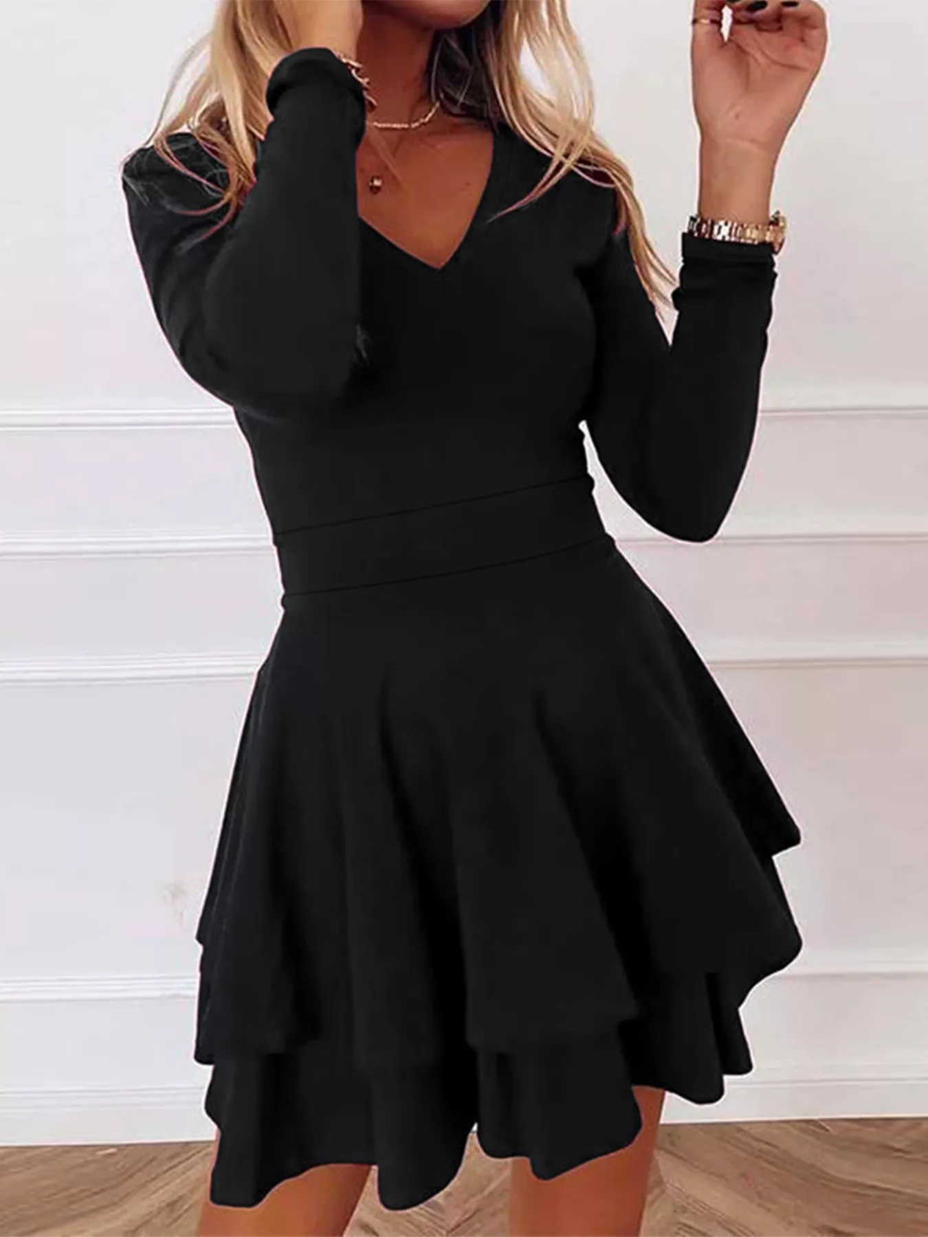 V-Neck Layered Ruffle Mini Dress - Image 28