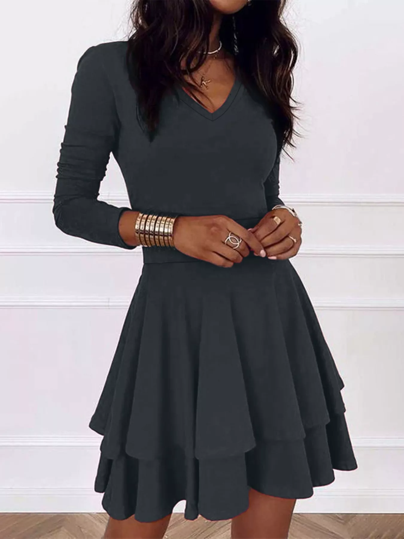V-Neck Layered Ruffle Mini Dress - Image 4