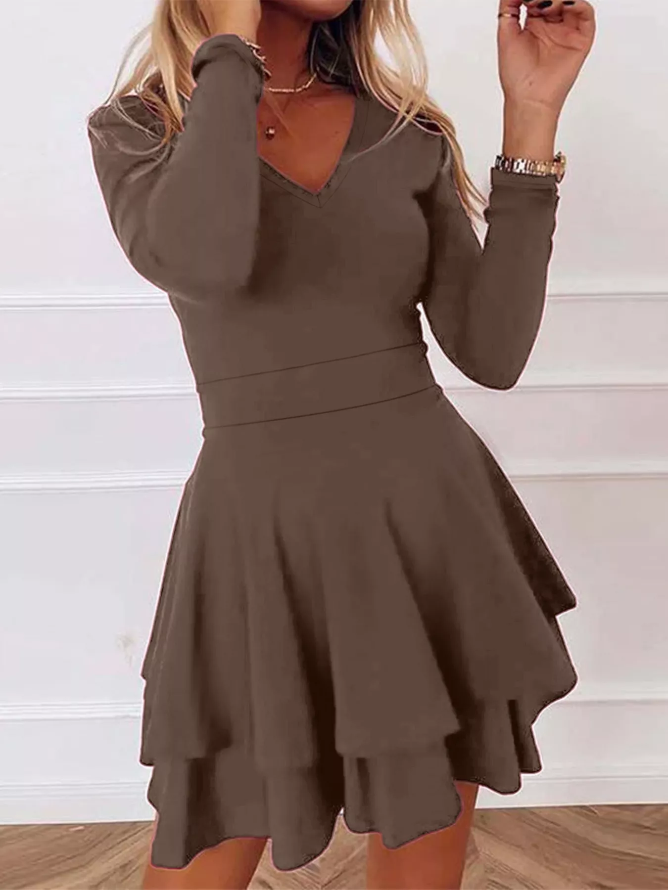V-Neck Layered Ruffle Mini Dress - Image 9