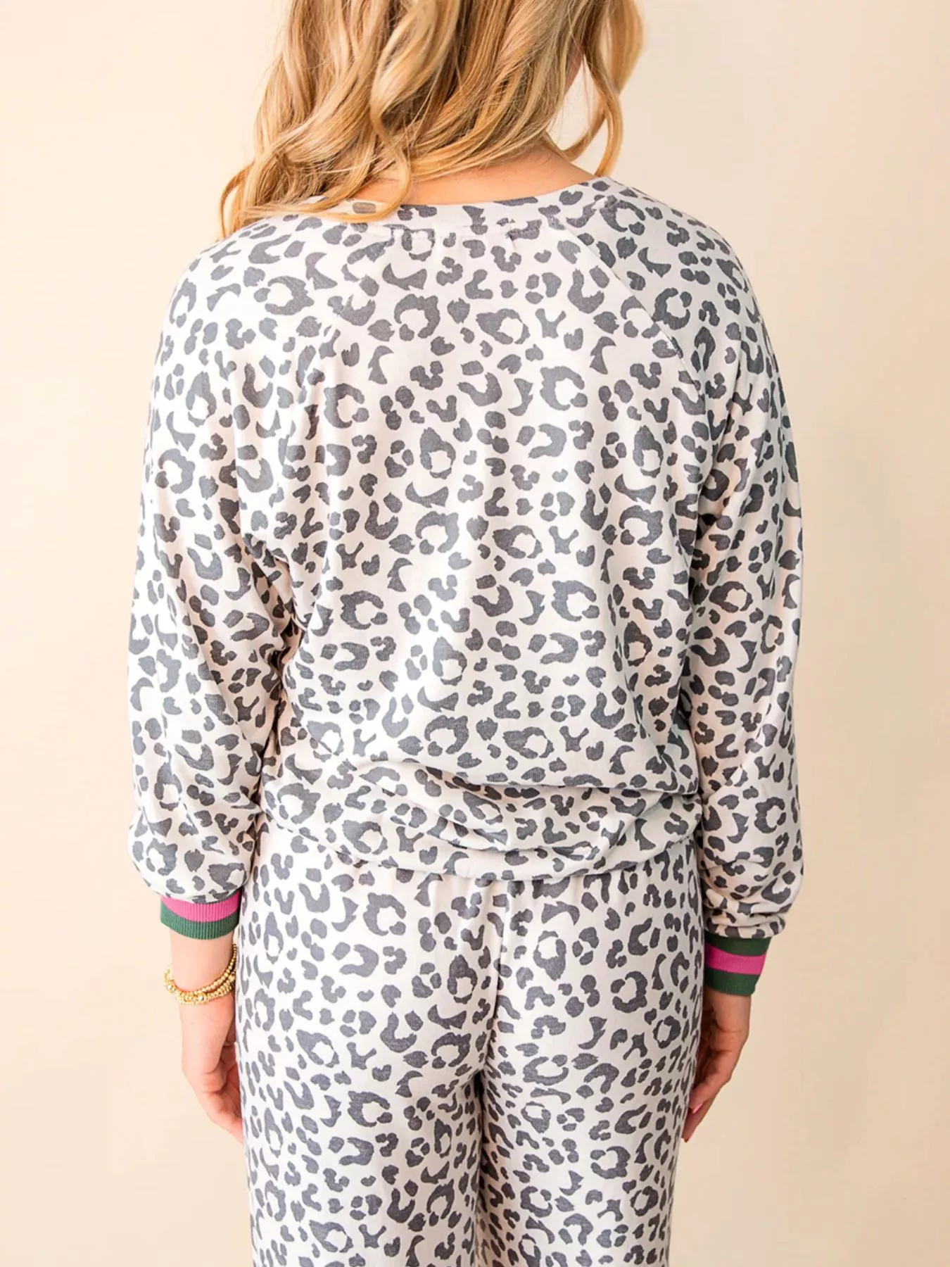 V Neck Leopard Long Sleeve Top Striped Webbing Patchwork Drawstring Pant Set - Image 3
