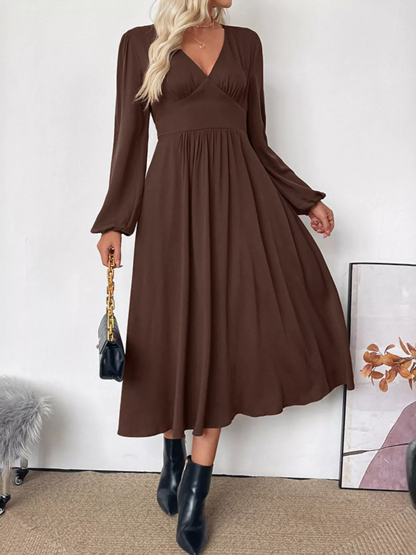 V-Neck Long Sleeve A-Line Midi Dress - Image 2