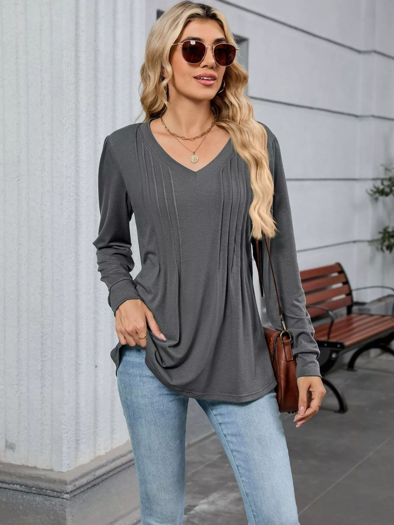 V-Neck Long Sleeve Relaxed Fit T-Shirt - Image 6