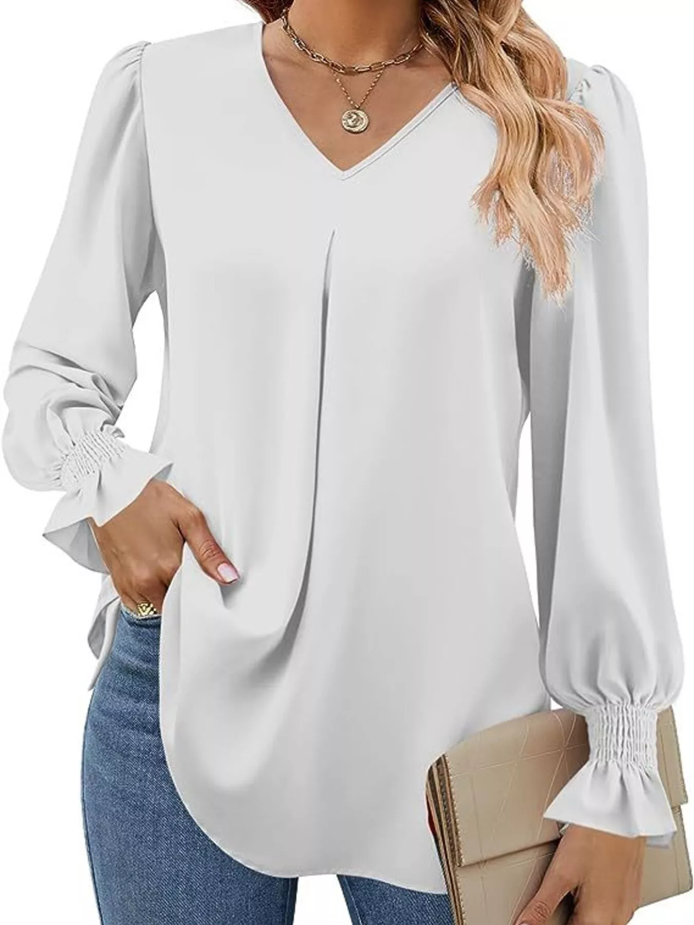 V-Neck Long Sleeve Ruffle Cuff Blouse - Image 14