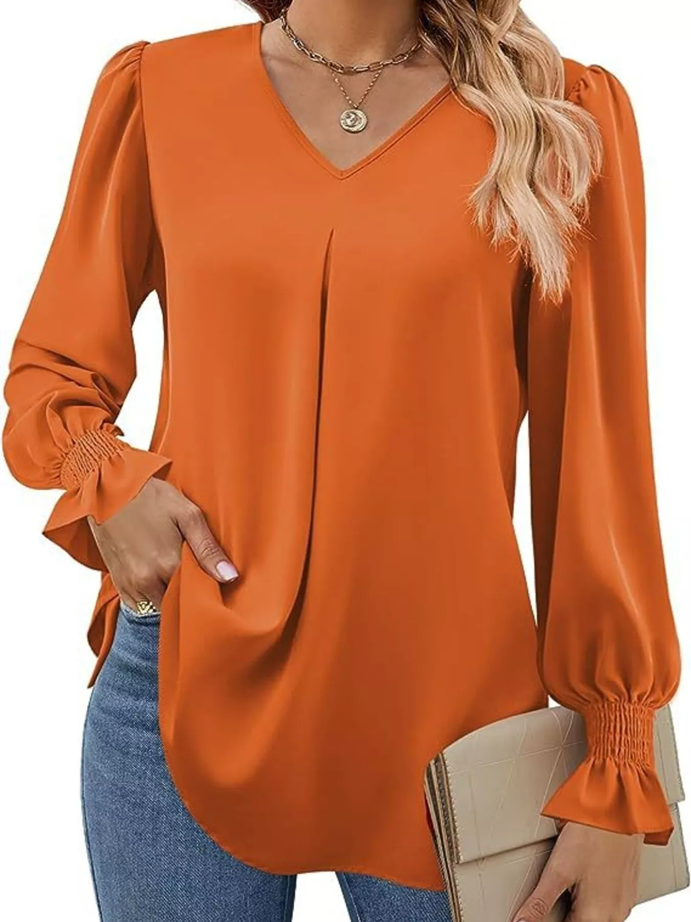 V-Neck Long Sleeve Ruffle Cuff Blouse - Image 2