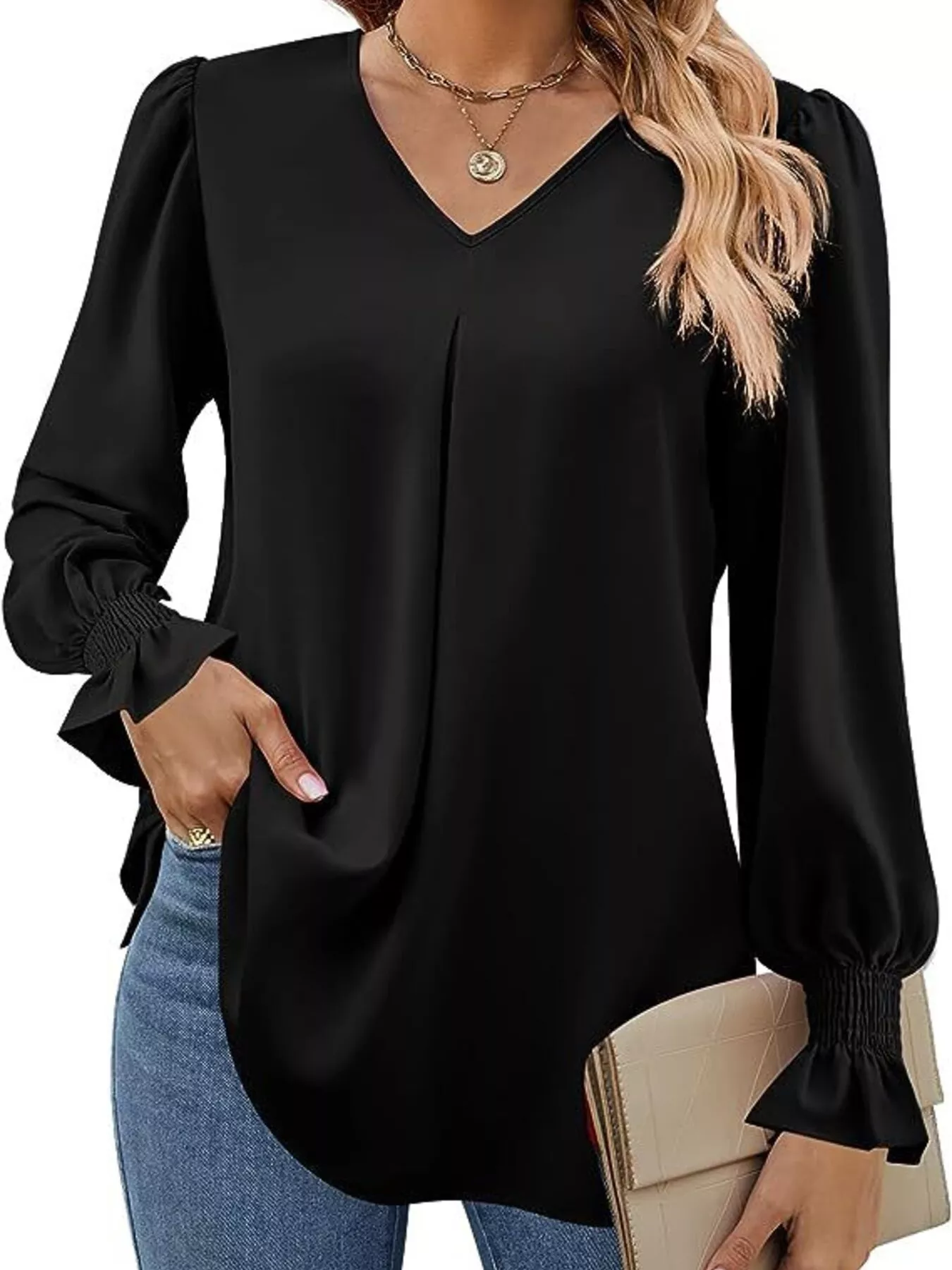 V-Neck Long Sleeve Ruffle Cuff Blouse - Image 27