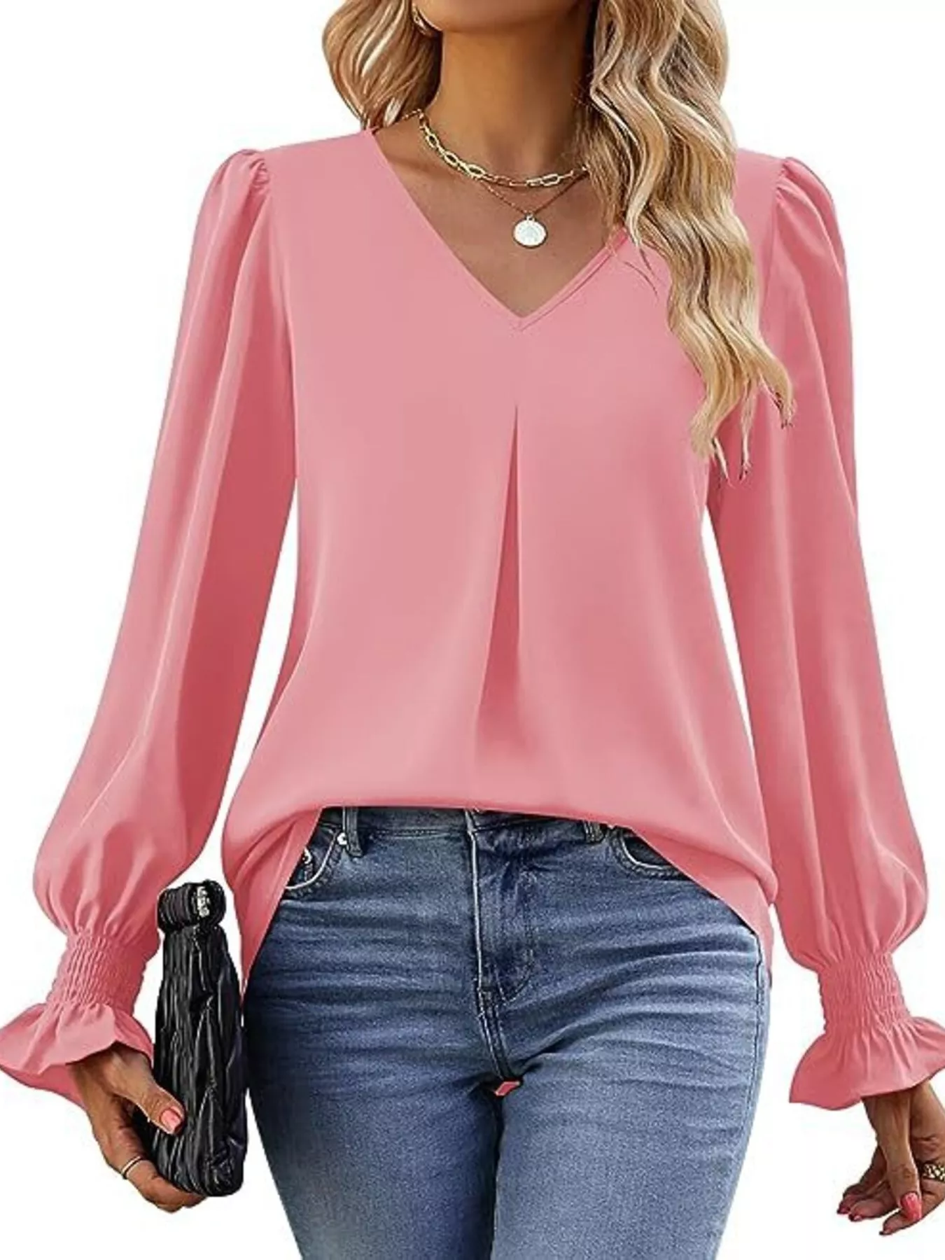 V-Neck Long Sleeve Ruffle Cuff Blouse - Image 7