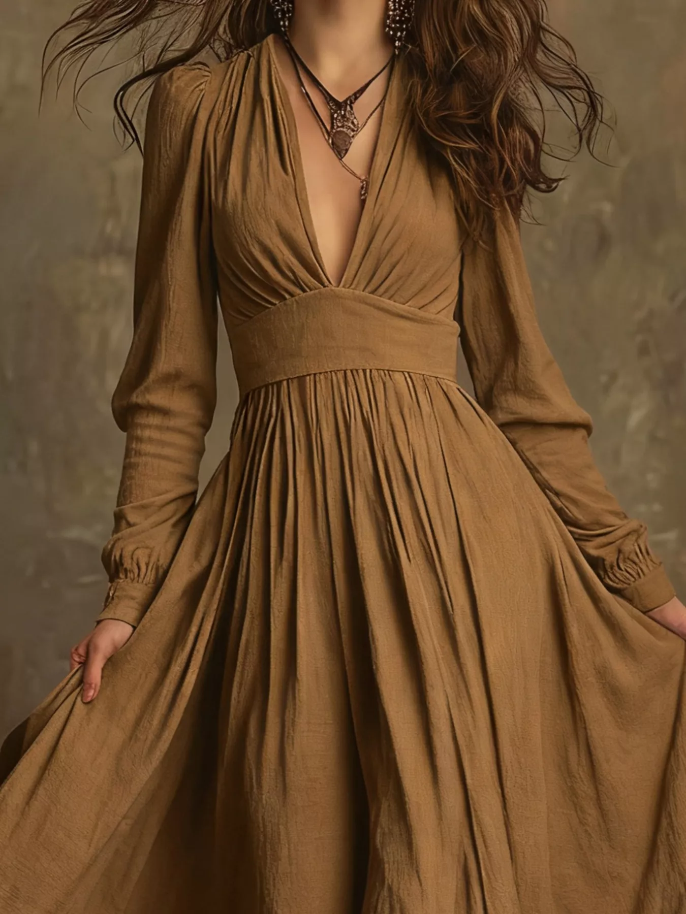 V-Neck Long Sleeve Ruffle Hem Dress - Image 2