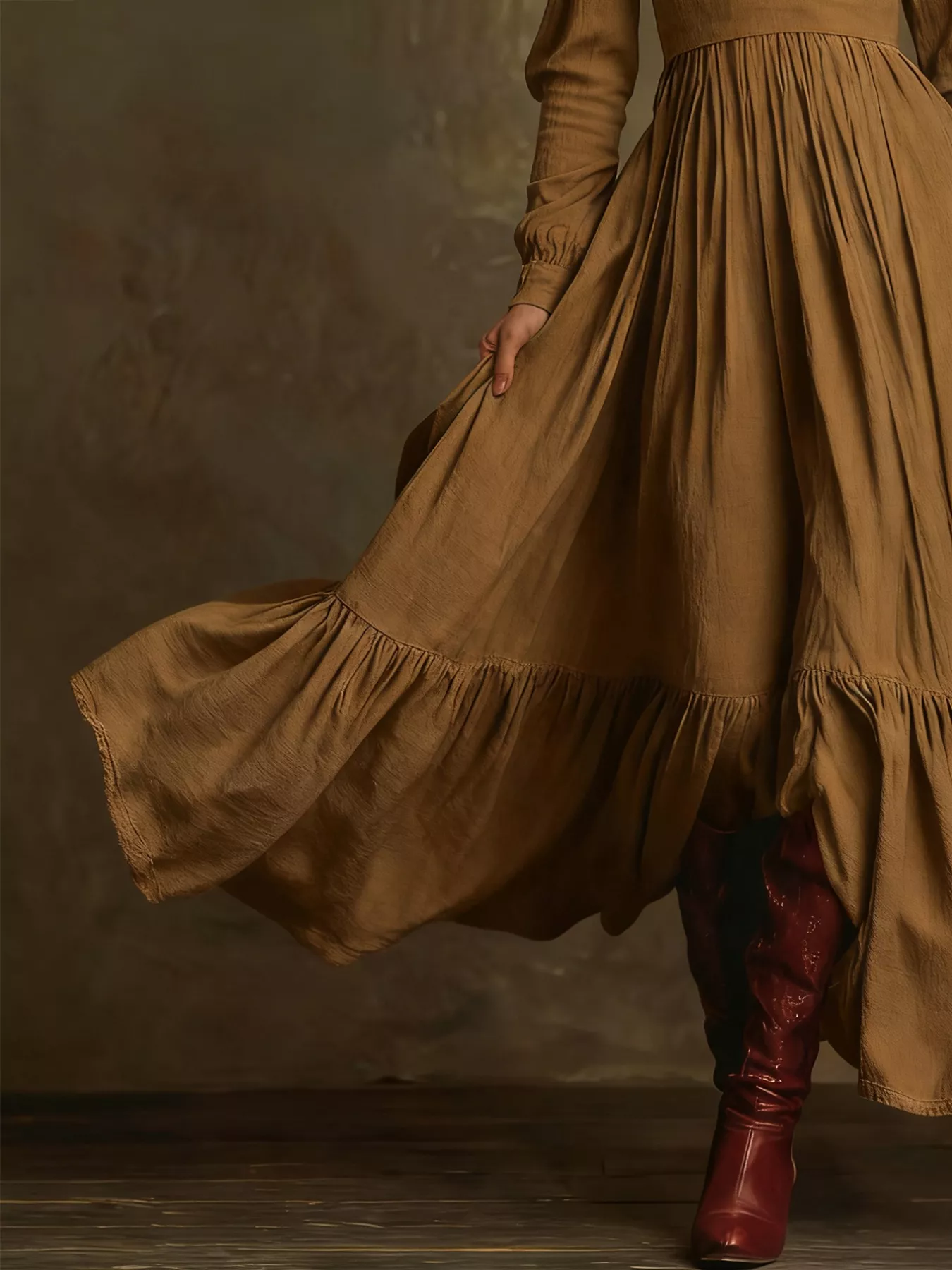 V-Neck Long Sleeve Ruffle Hem Dress - Image 3