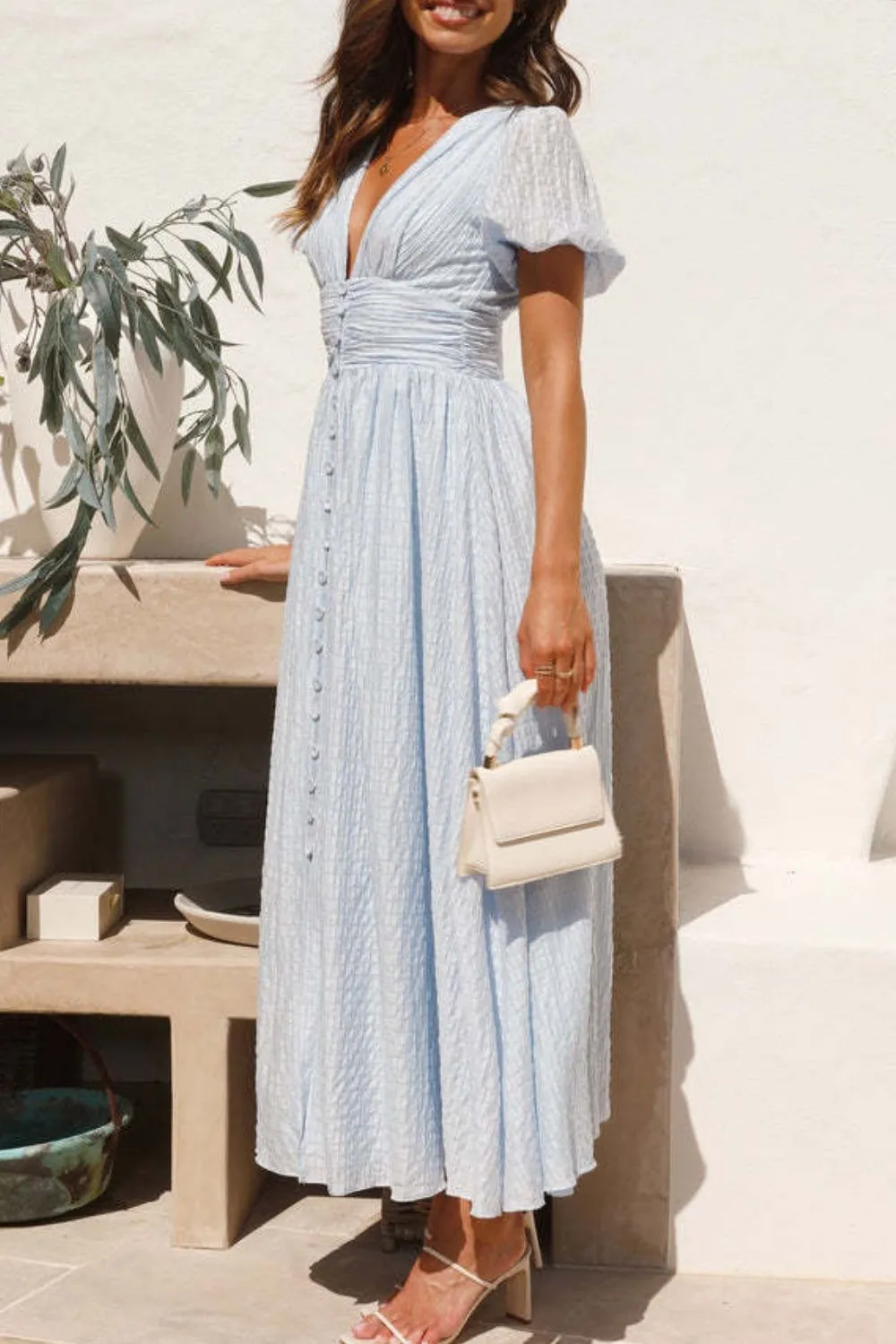V-Neck Puff Short Sleeve Midi Dress - Image 3