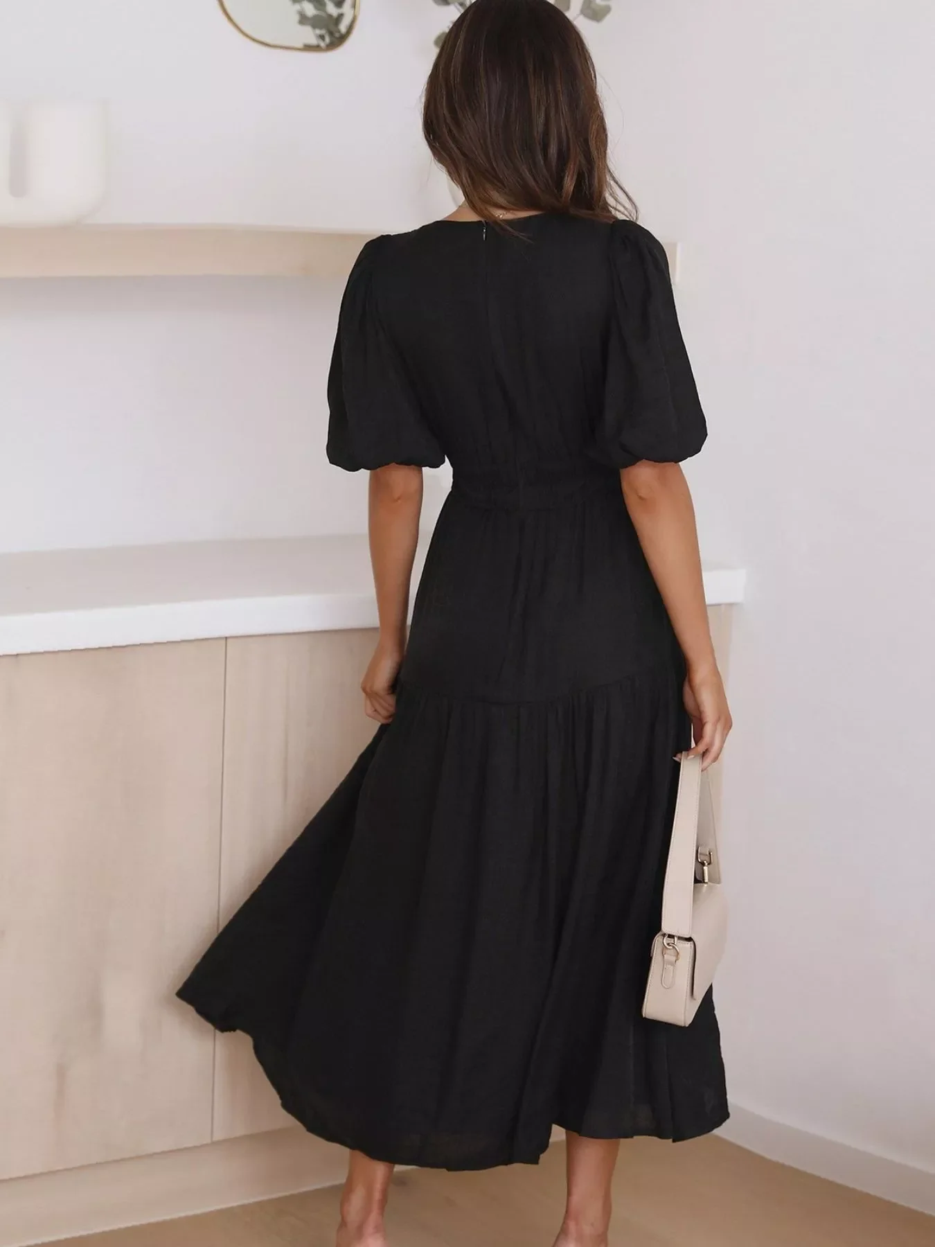 V-Neck Puff Sleeve Midi Dress - Image 14