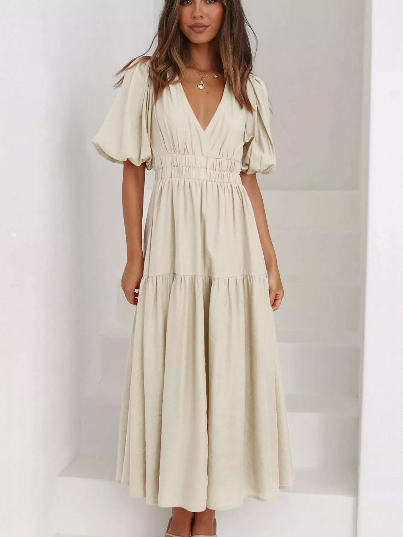 V-Neck Puff Sleeve Midi Dress - Image 16