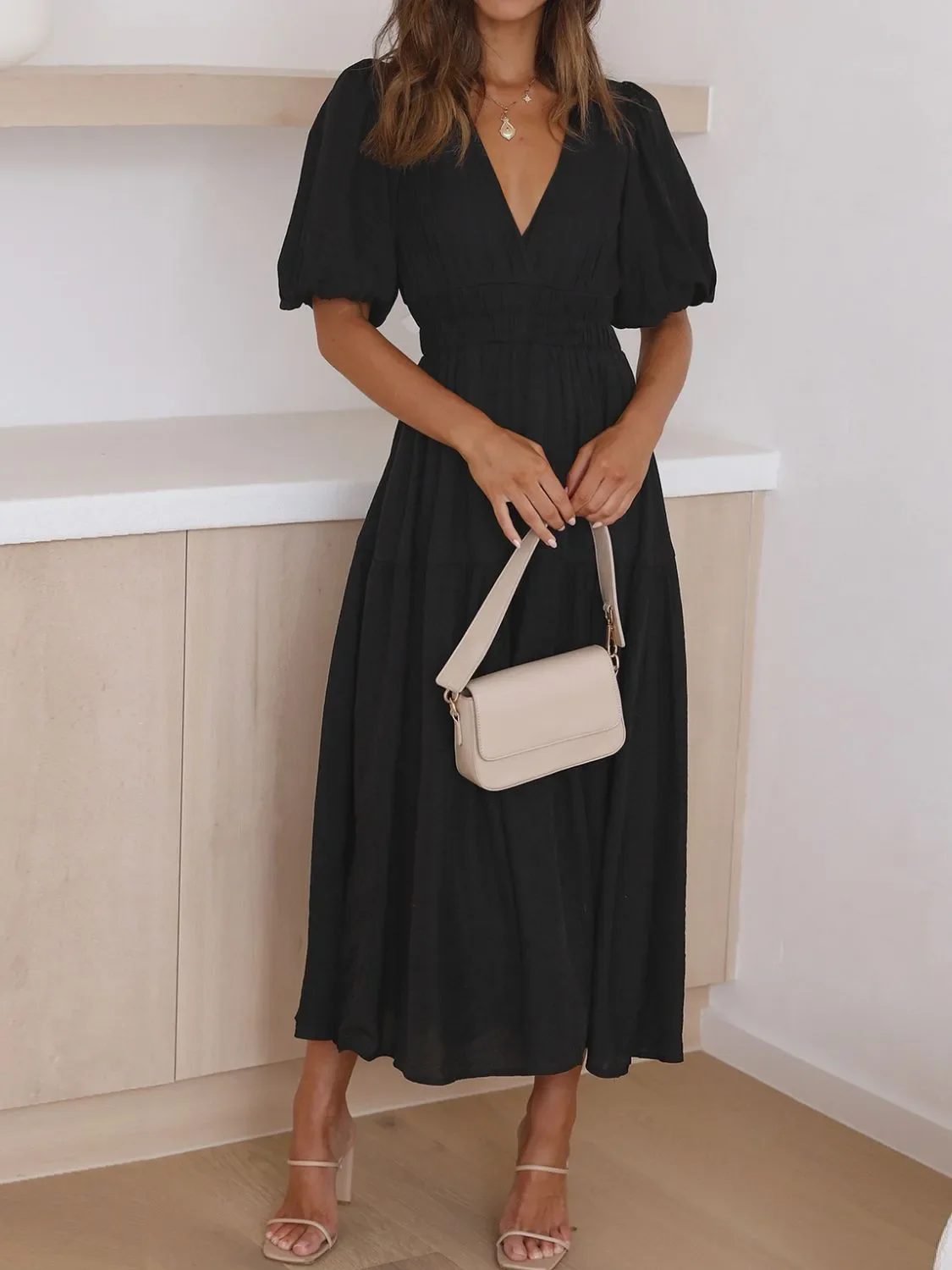 V-Neck Puff Sleeve Midi Dress - Image 16