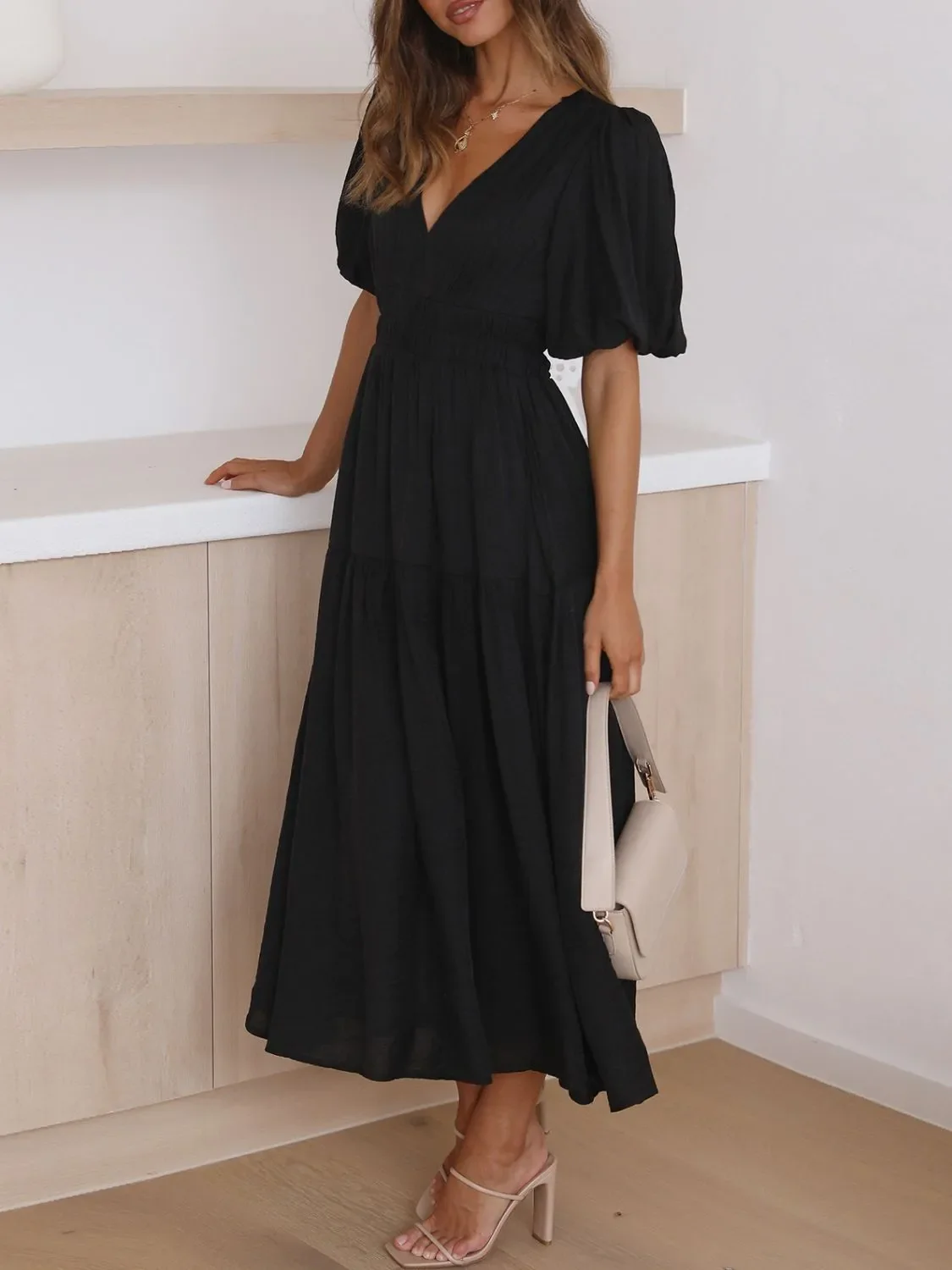 V-Neck Puff Sleeve Midi Dress - Image 17