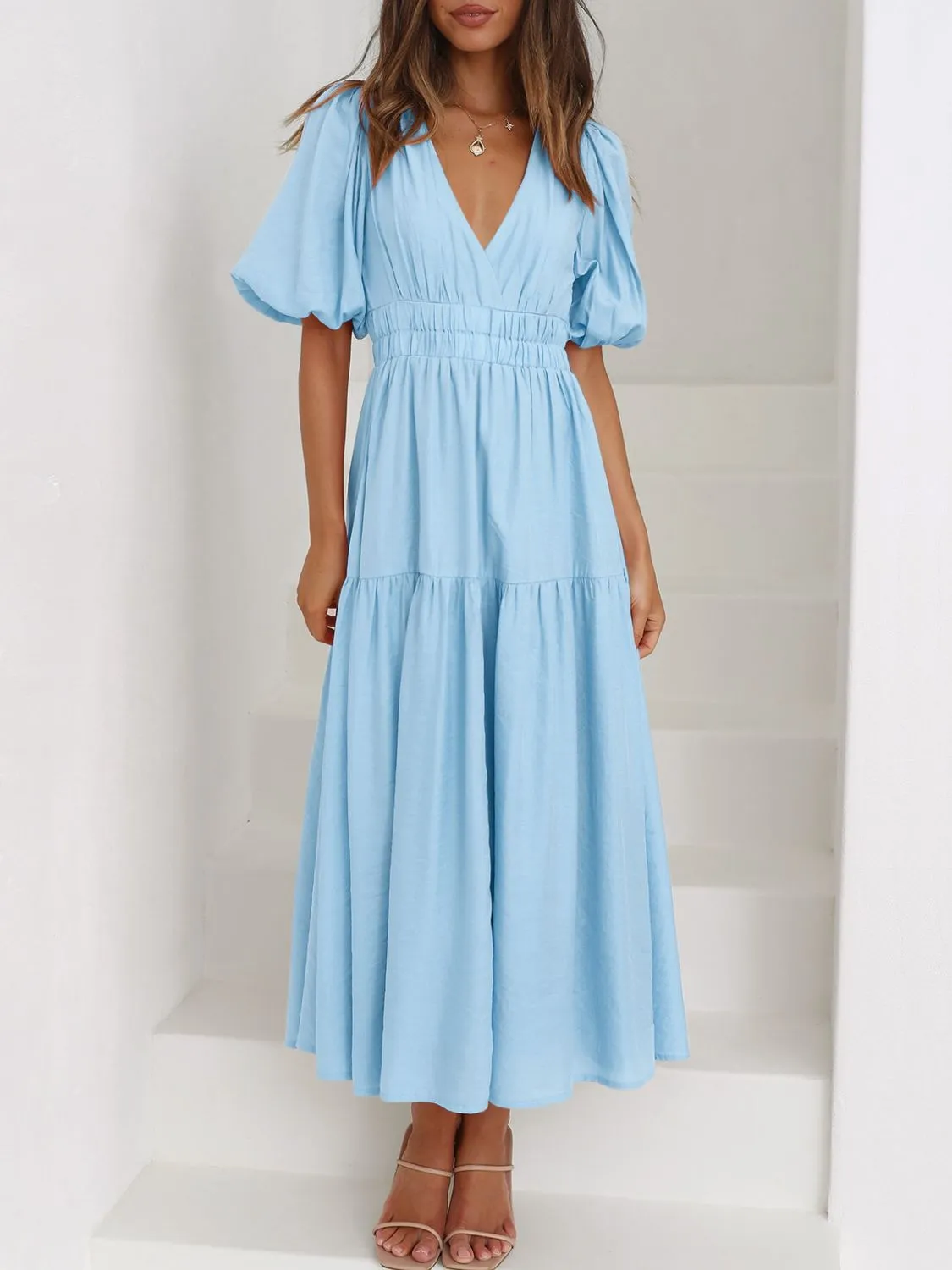 V-Neck Puff Sleeve Midi Dress - Image 2