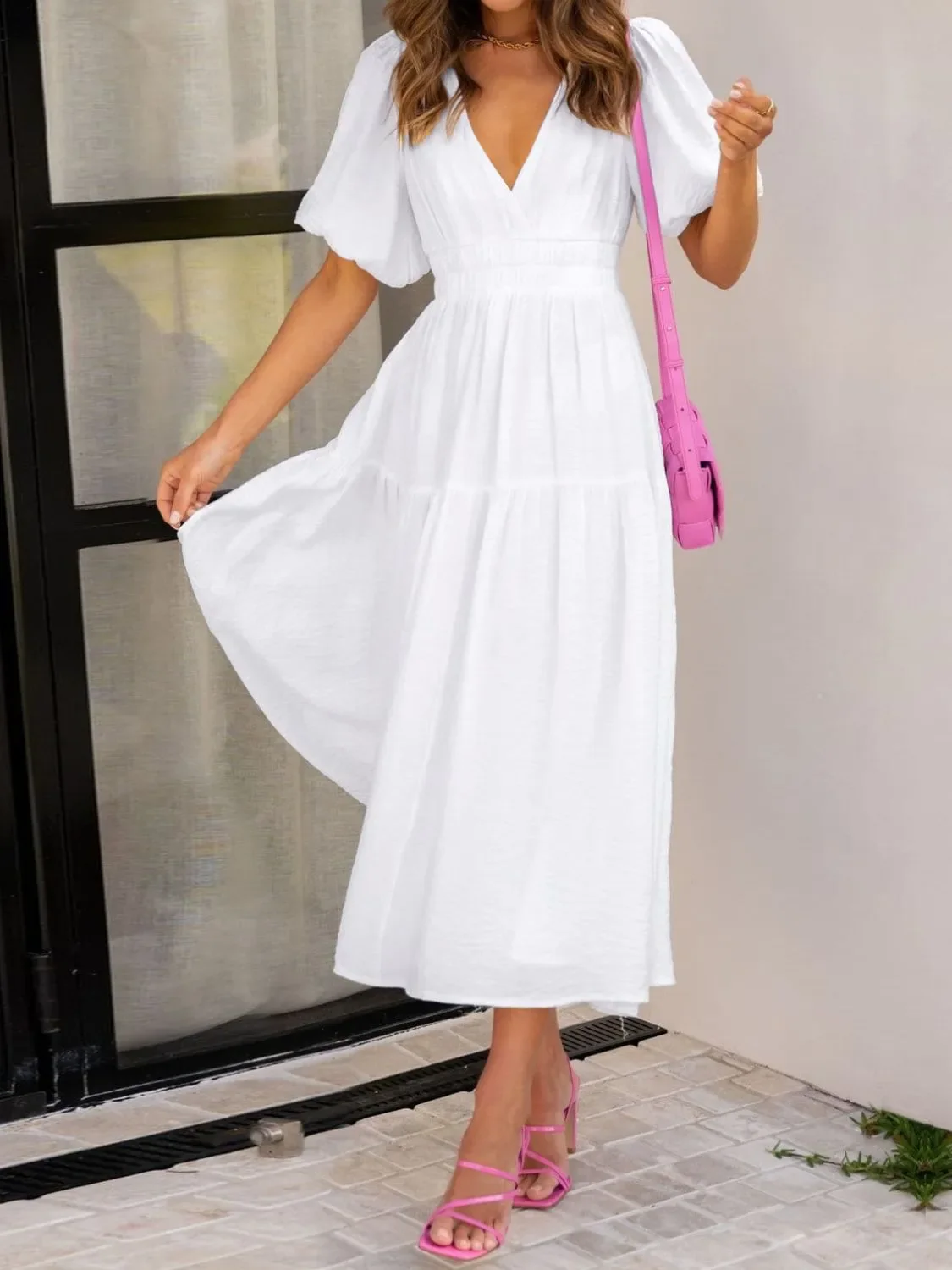 V-Neck Puff Sleeve Midi Dress - Image 7