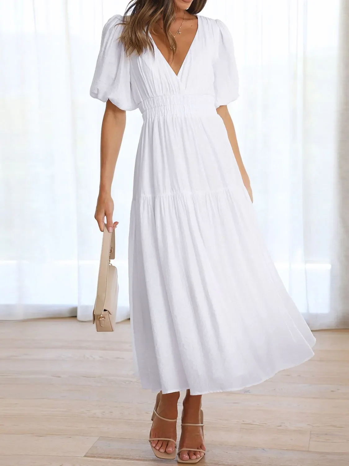 V-Neck Puff Sleeve Midi Dress - Image 8