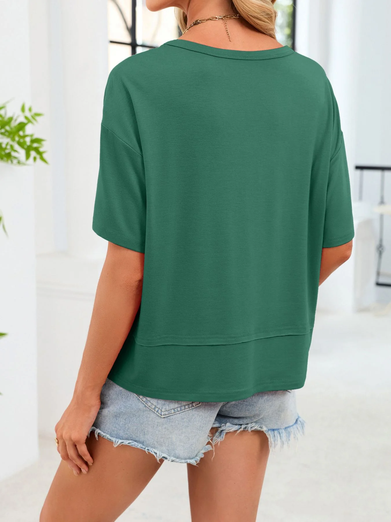 V-Neck Relaxed Fit Solid Color T-Shirt - Image 11