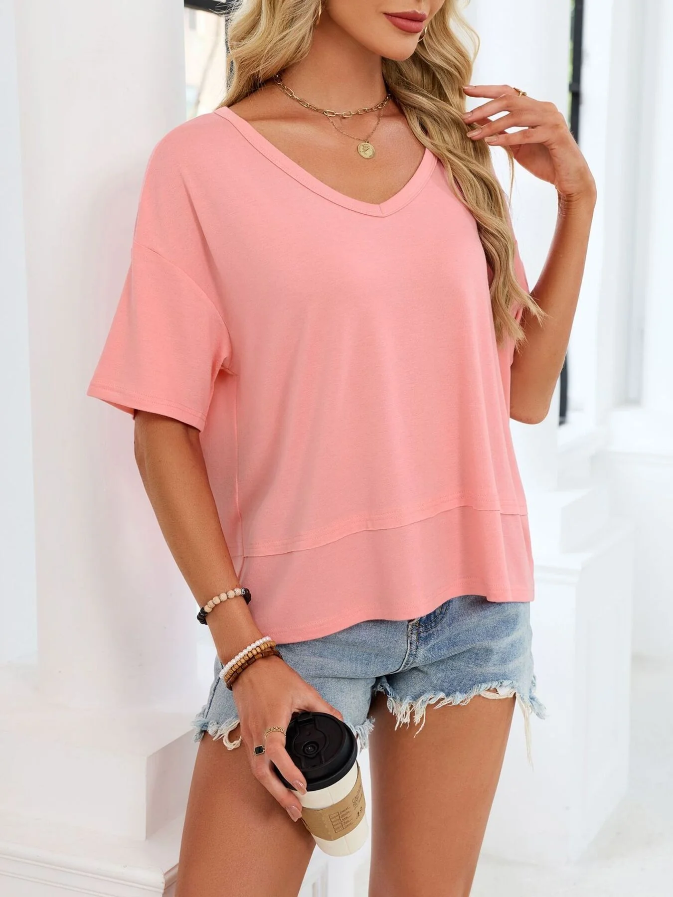 V-Neck Relaxed Fit Solid Color T-Shirt - Image 16