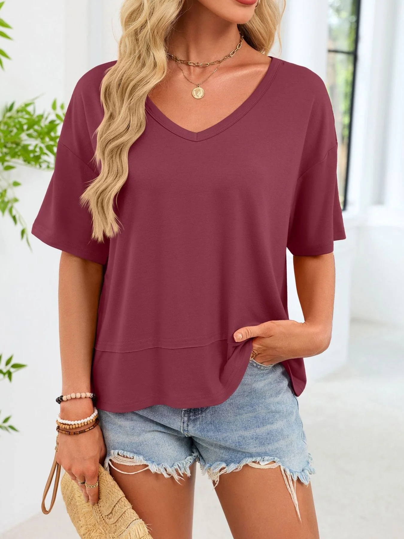 V-Neck Relaxed Fit Solid Color T-Shirt - Image 22