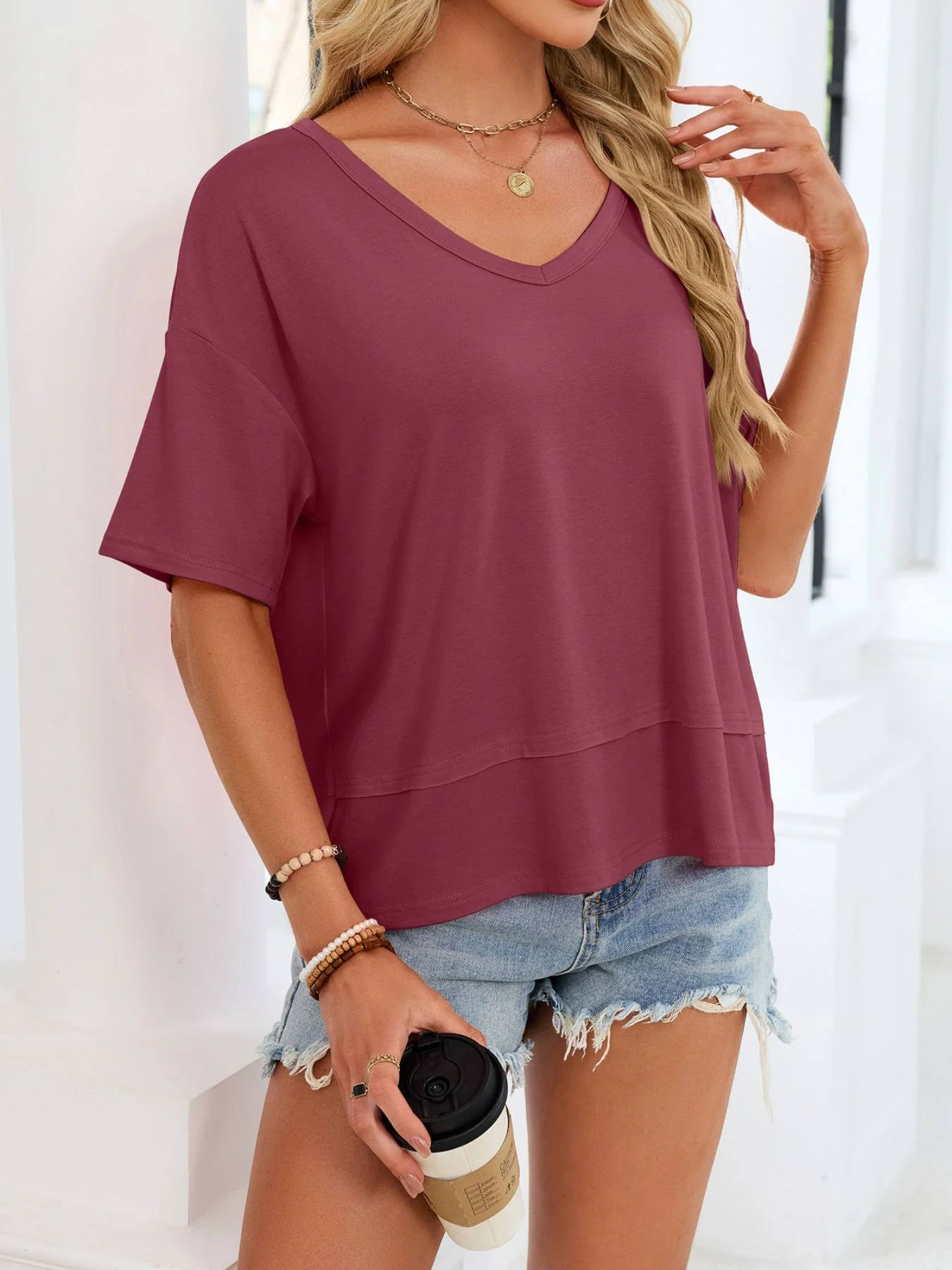 V-Neck Relaxed Fit Solid Color T-Shirt - Image 23