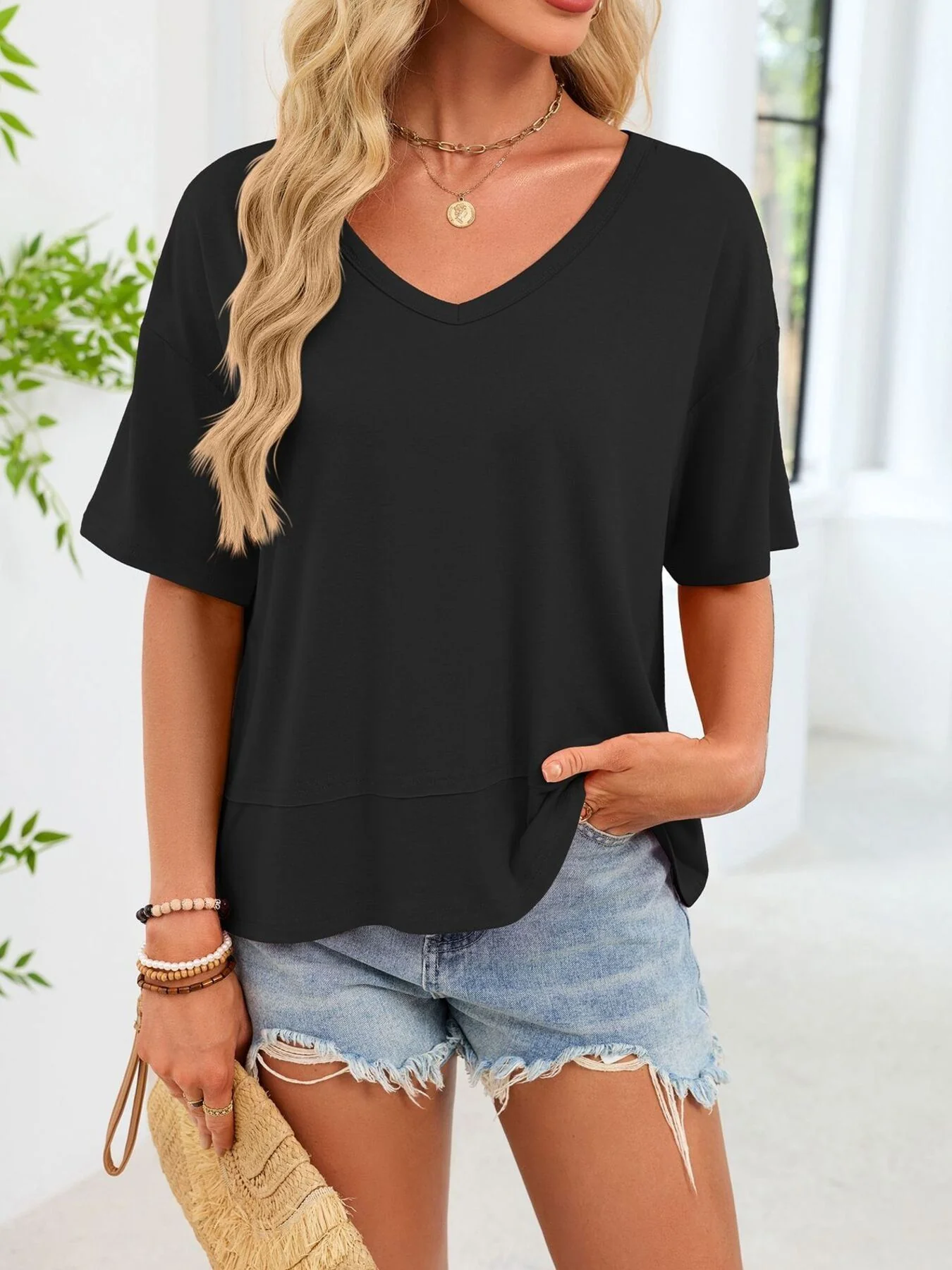 V-Neck Relaxed Fit Solid Color T-Shirt - Image 7
