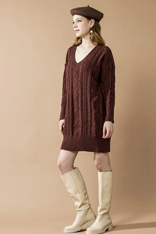 V-Neck Ribbed Hem Cable Knit Sweater Dress - Image 15