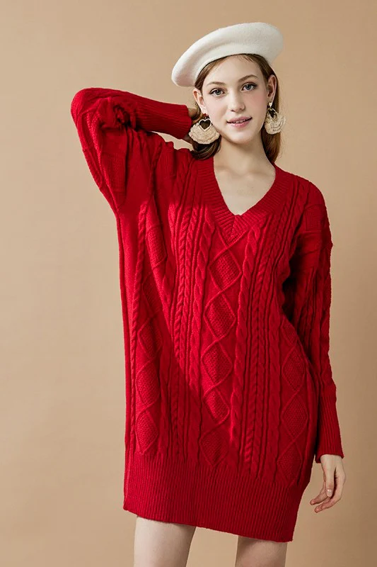 V-Neck Ribbed Hem Cable Knit Sweater Dress - Image 18