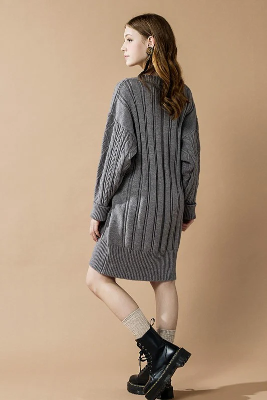 V-Neck Ribbed Hem Cable Knit Sweater Dress - Image 6