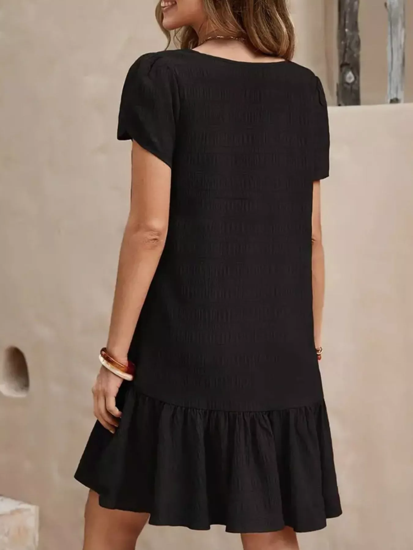 V-Neck Ruffle Hem Textured Mini Dress - Image 10