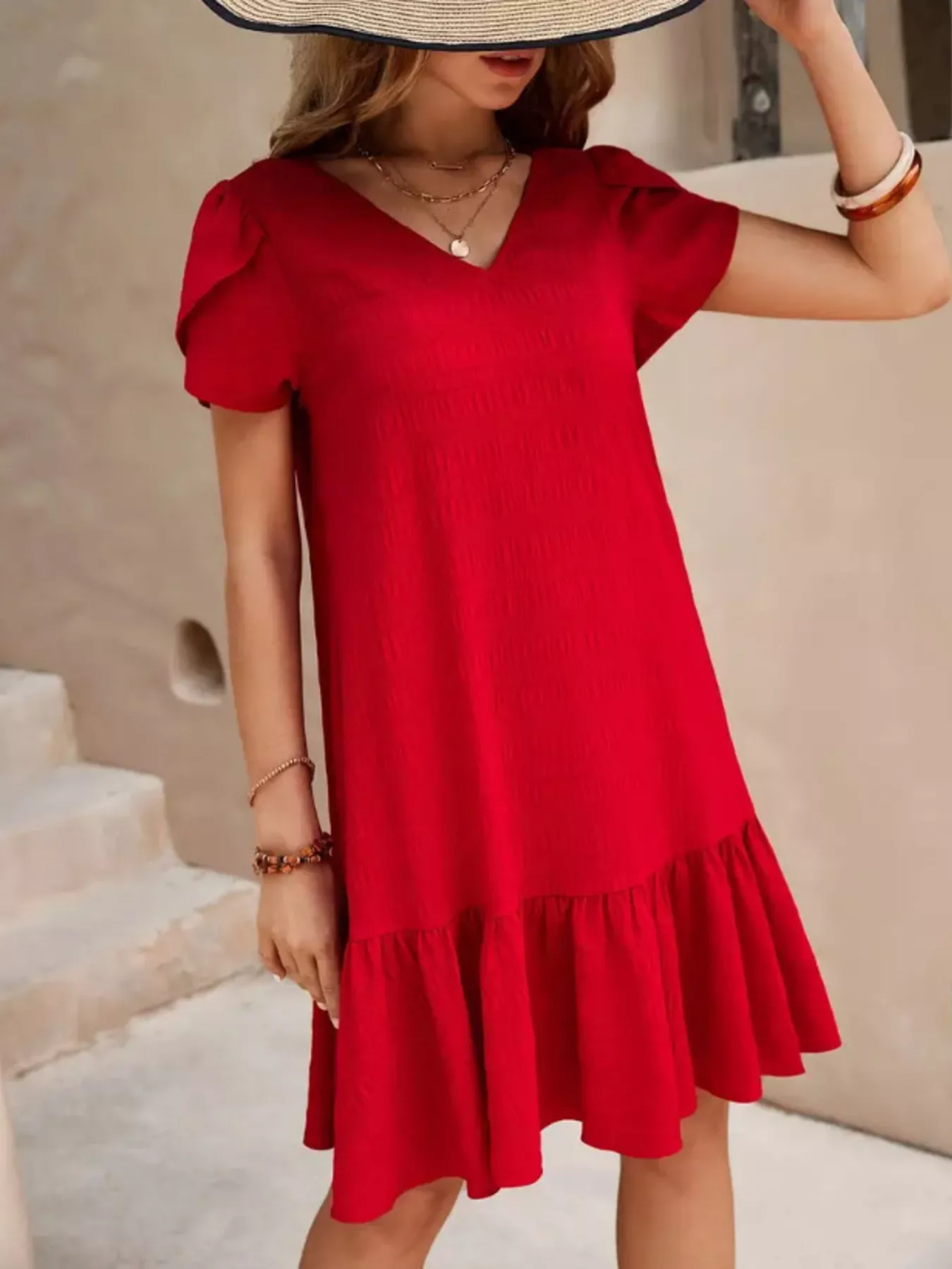 V-Neck Ruffle Hem Textured Mini Dress - Image 11