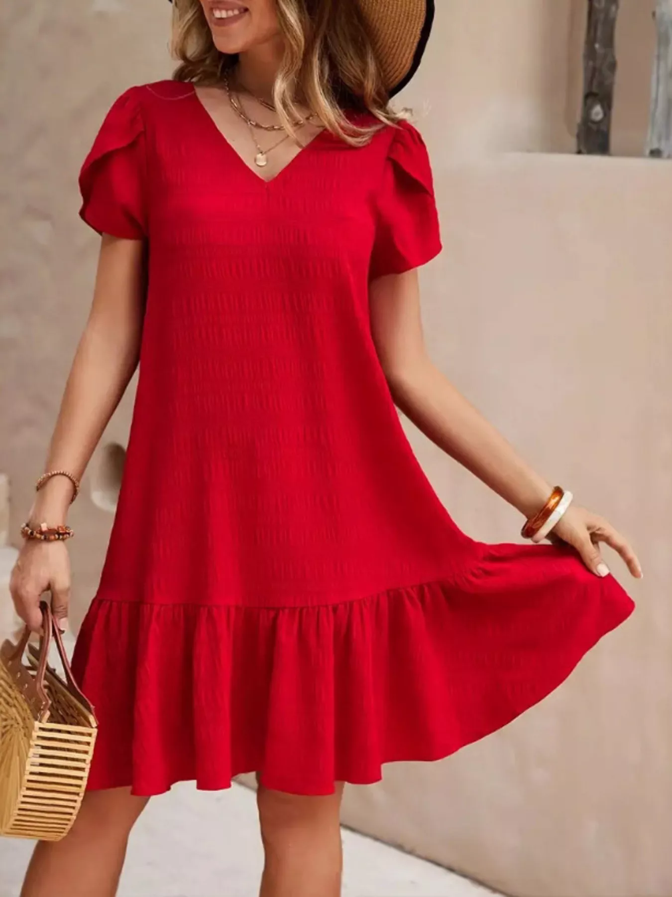V-Neck Ruffle Hem Textured Mini Dress - Image 12