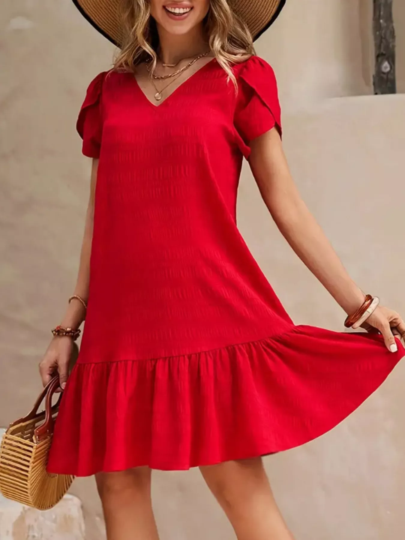 V-Neck Ruffle Hem Textured Mini Dress - Image 14