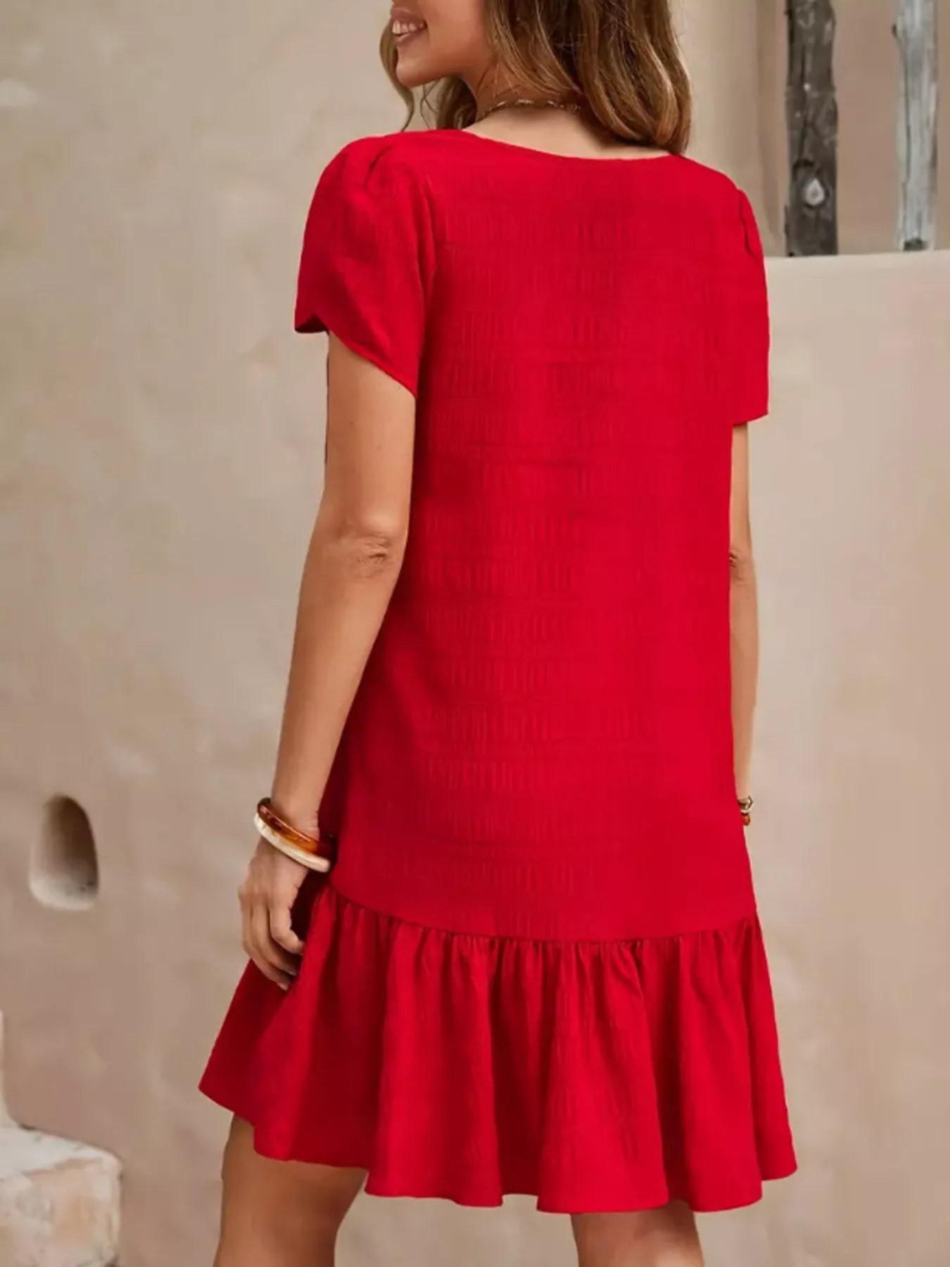 V-Neck Ruffle Hem Textured Mini Dress - Image 15