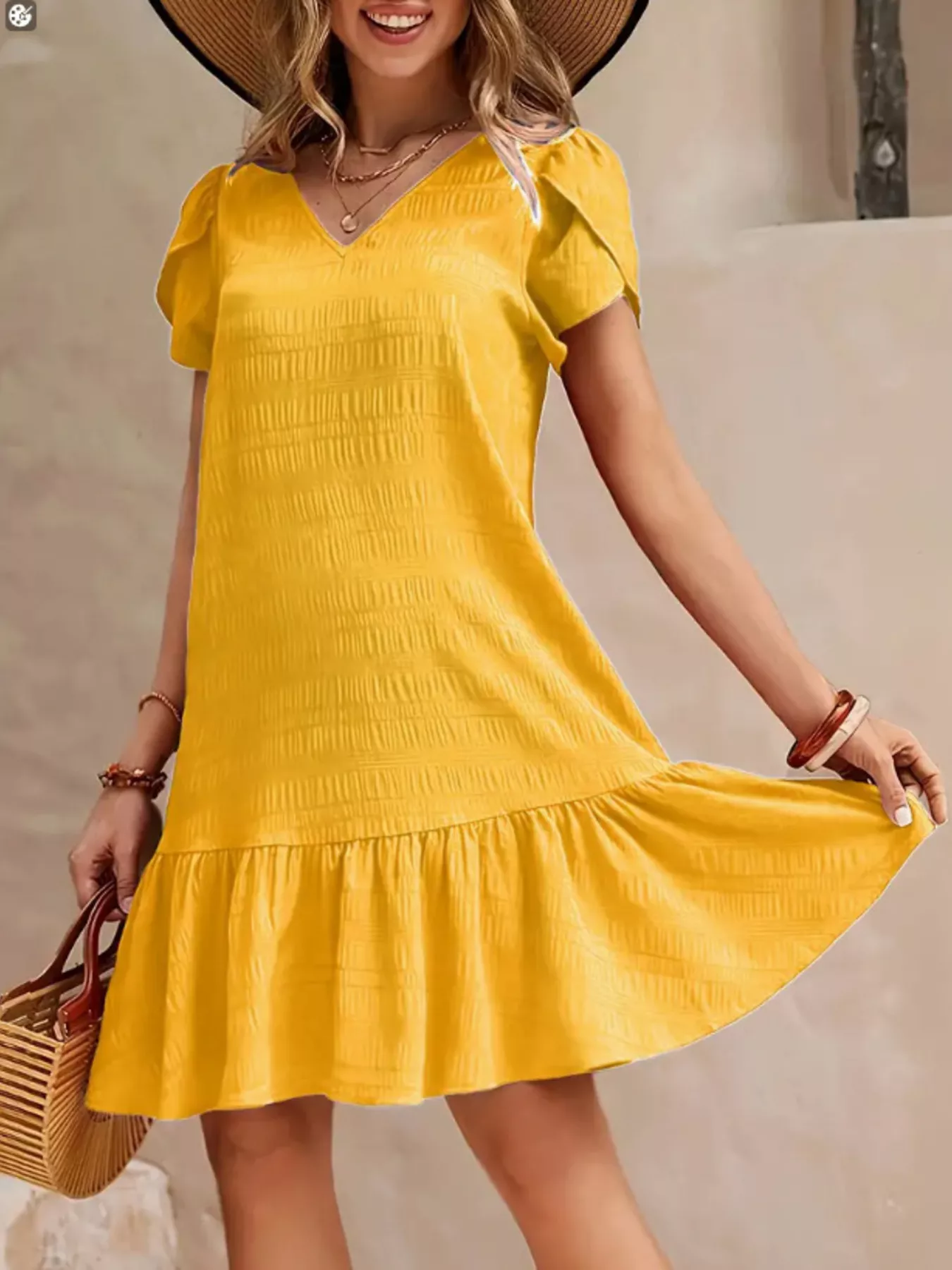 V-Neck Ruffle Hem Textured Mini Dress - Image 16