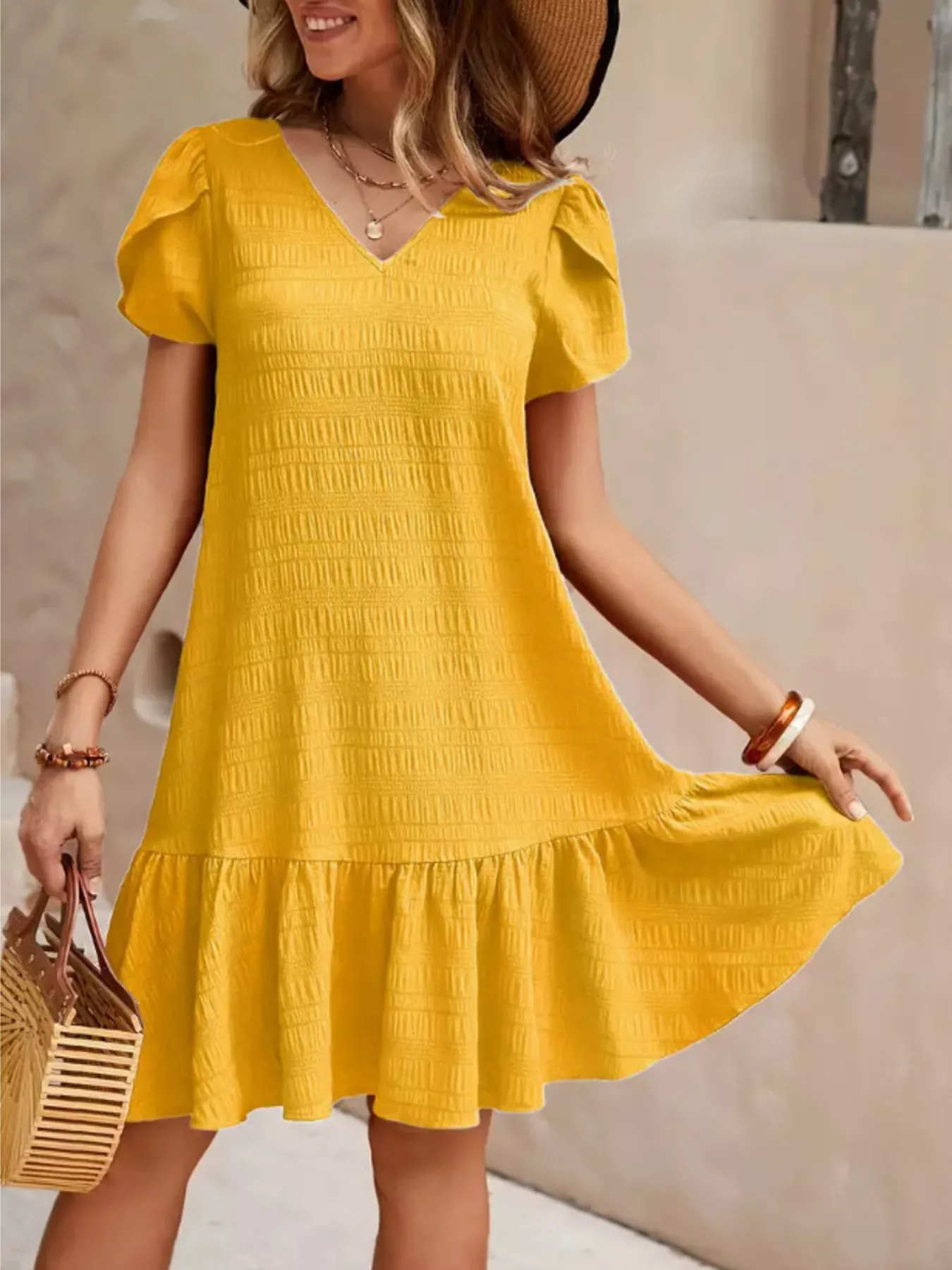 V-Neck Ruffle Hem Textured Mini Dress - Image 17