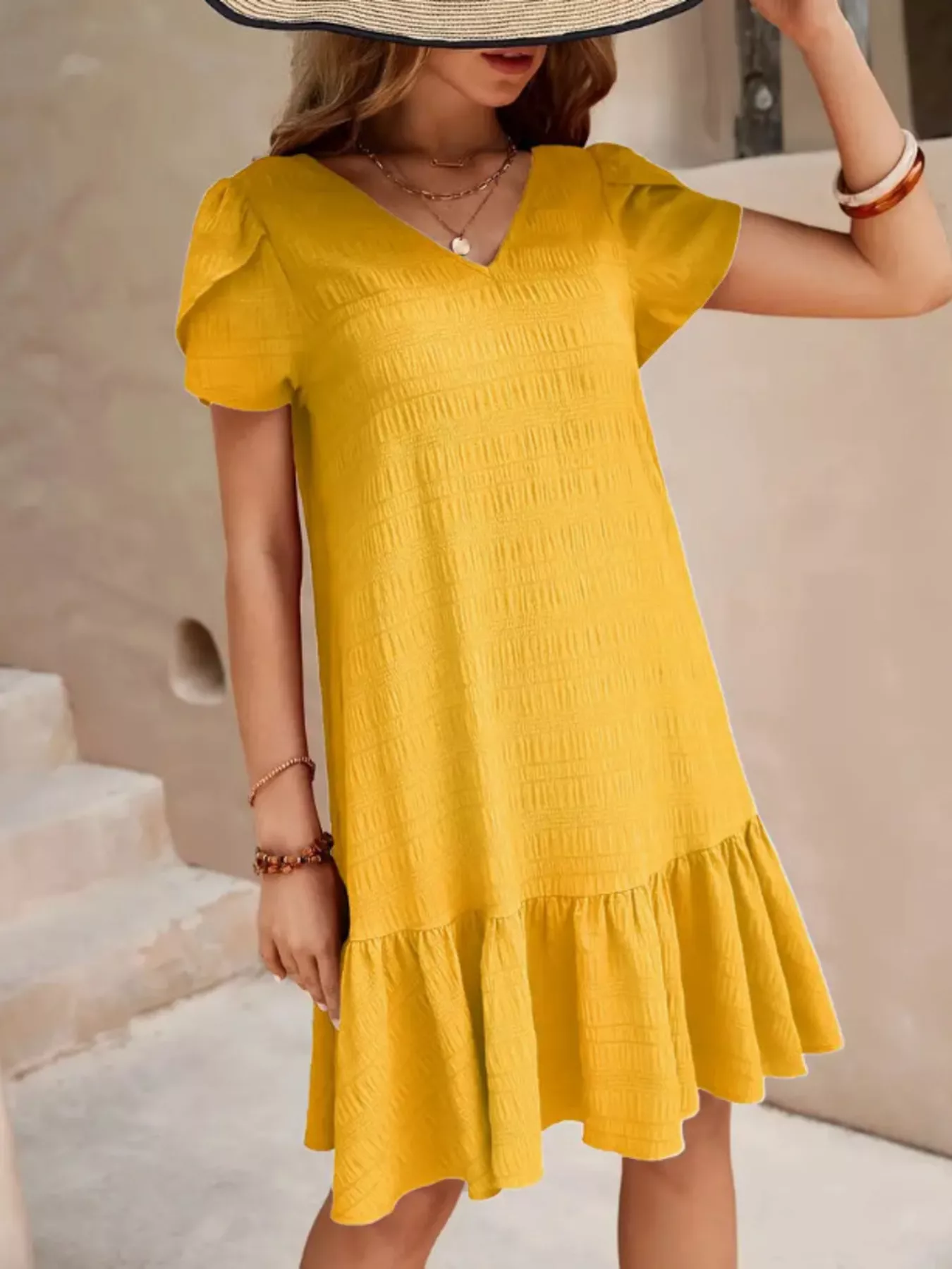 V-Neck Ruffle Hem Textured Mini Dress - Image 18