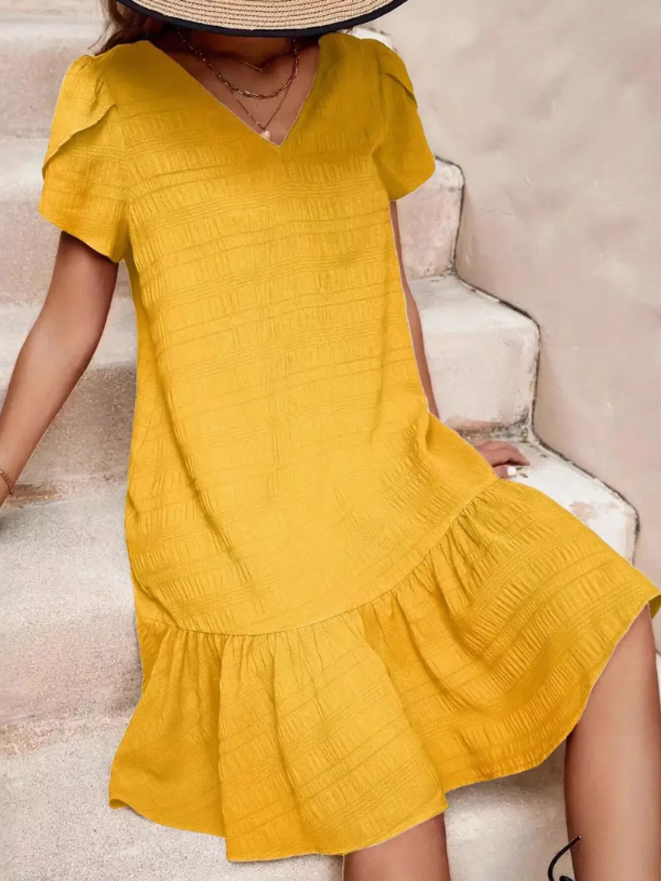 V-Neck Ruffle Hem Textured Mini Dress - Image 19