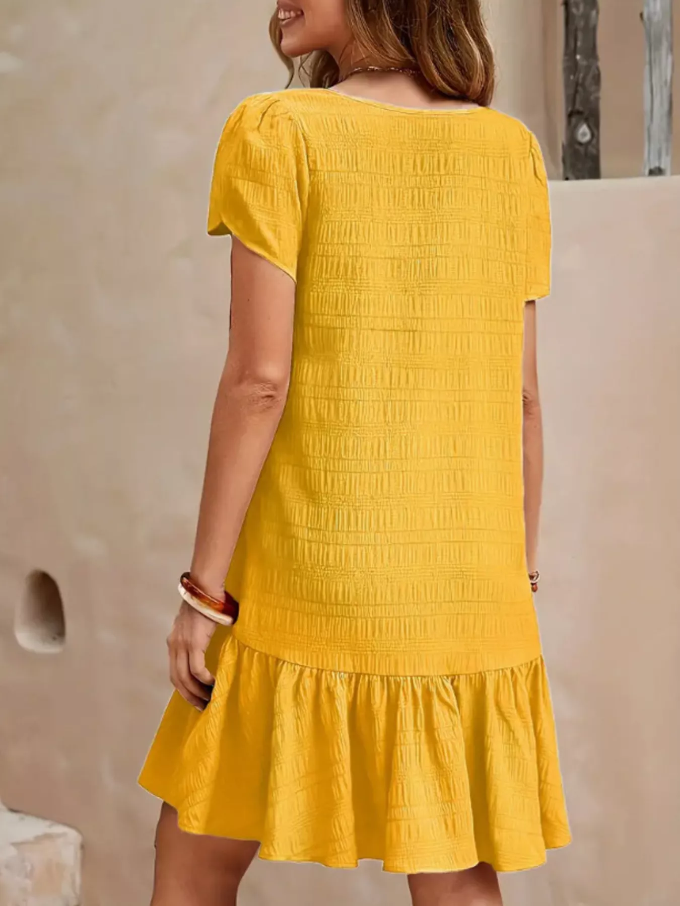 V-Neck Ruffle Hem Textured Mini Dress - Image 20