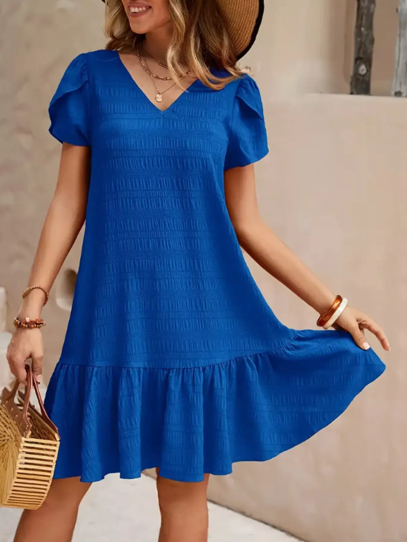 V-Neck Ruffle Hem Textured Mini Dress - Image 4
