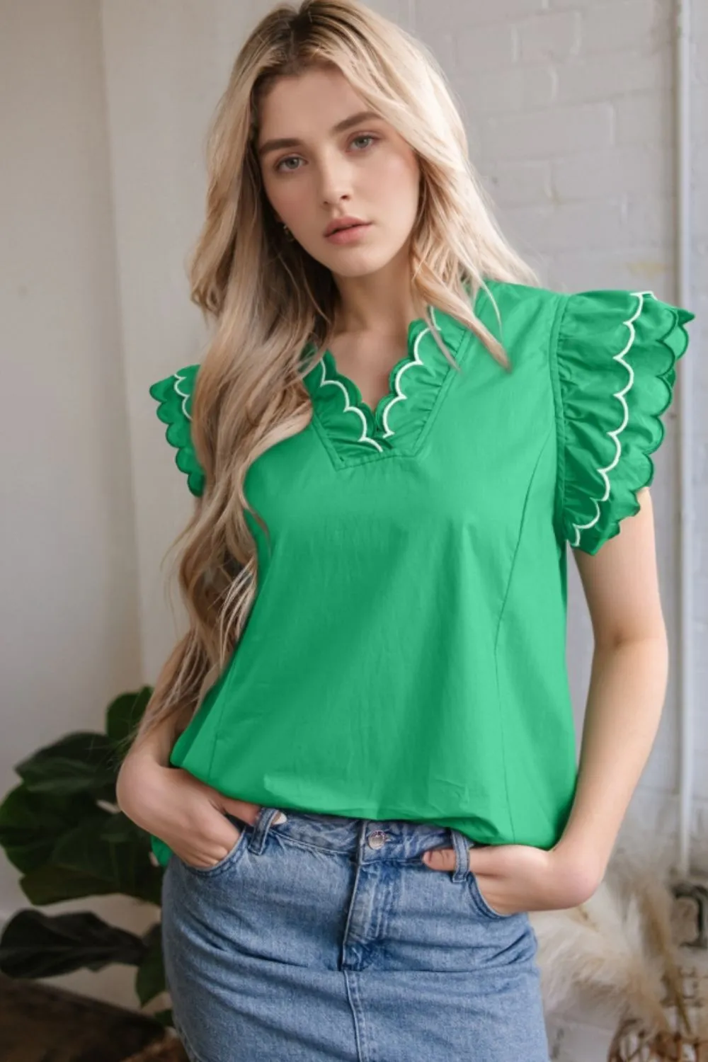 V-Neck Ruffled Cap Sleeve Blouse - Image 2