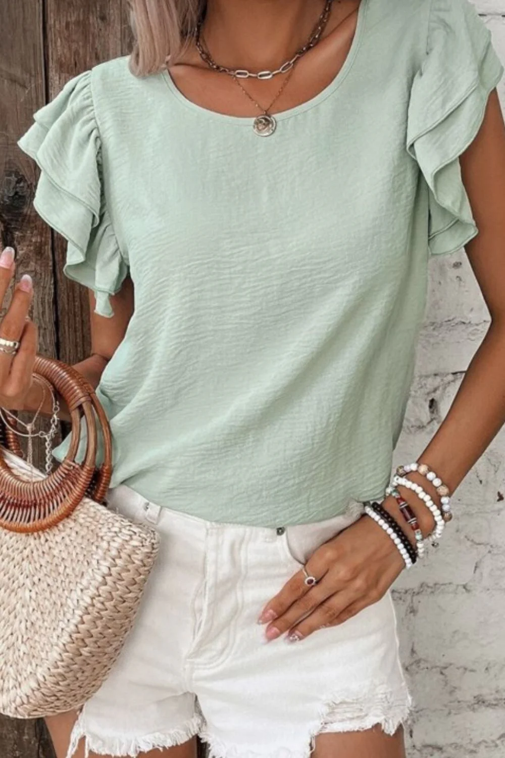 V-Neck Ruffled Cap Sleeve Blouse - Image 3