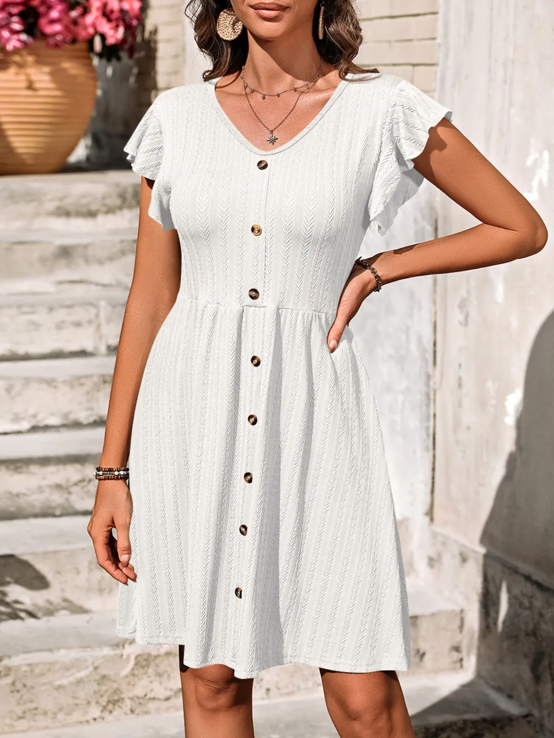 V-Neck Ruffled Cap Sleeve Dress - Image 11