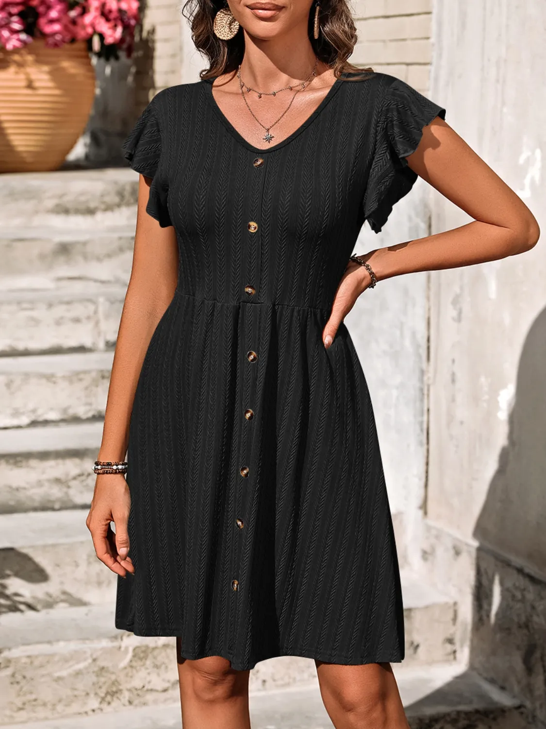 V-Neck Ruffled Cap Sleeve Dress - Image 26