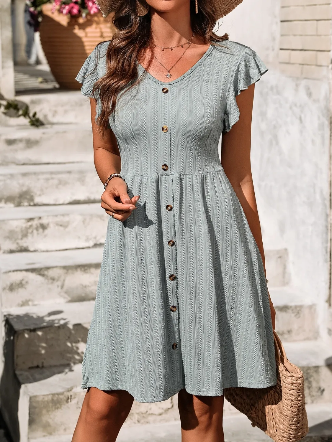 V-Neck Ruffled Cap Sleeve Dress - Image 3
