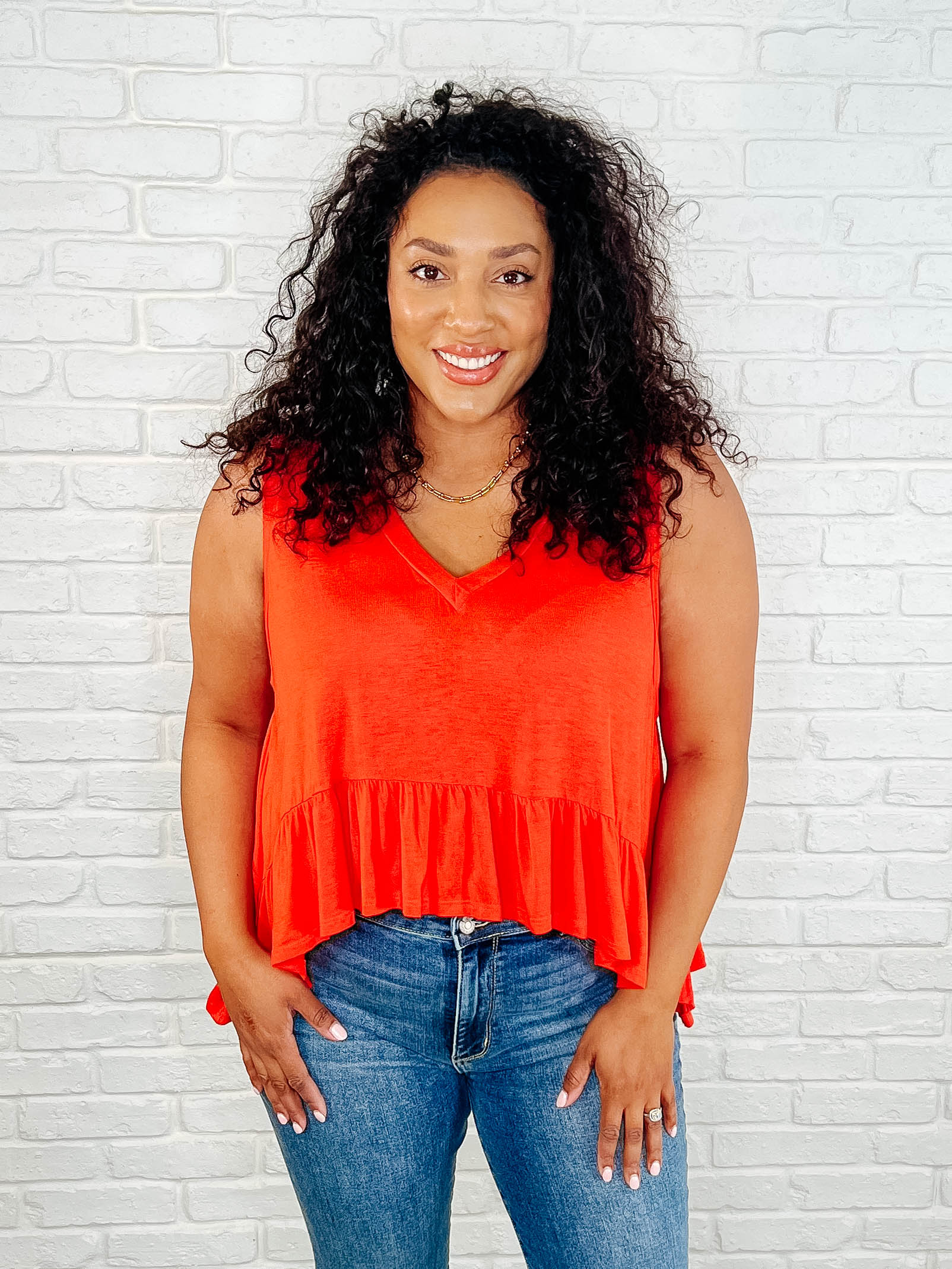 V-Neck Ruffled Peplum in Spicy Orange - Image 3